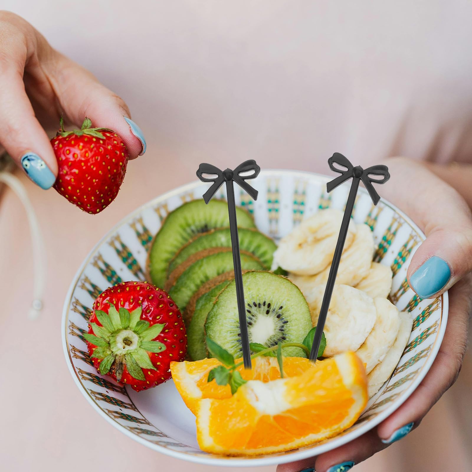 30PCS Black Bows Cocktail Picks, 4 Inch Bow Cupcake Topper, Plastic Fruit Picks for Drinks, Desserts, Charcuterie, Christmas, Wedding Party