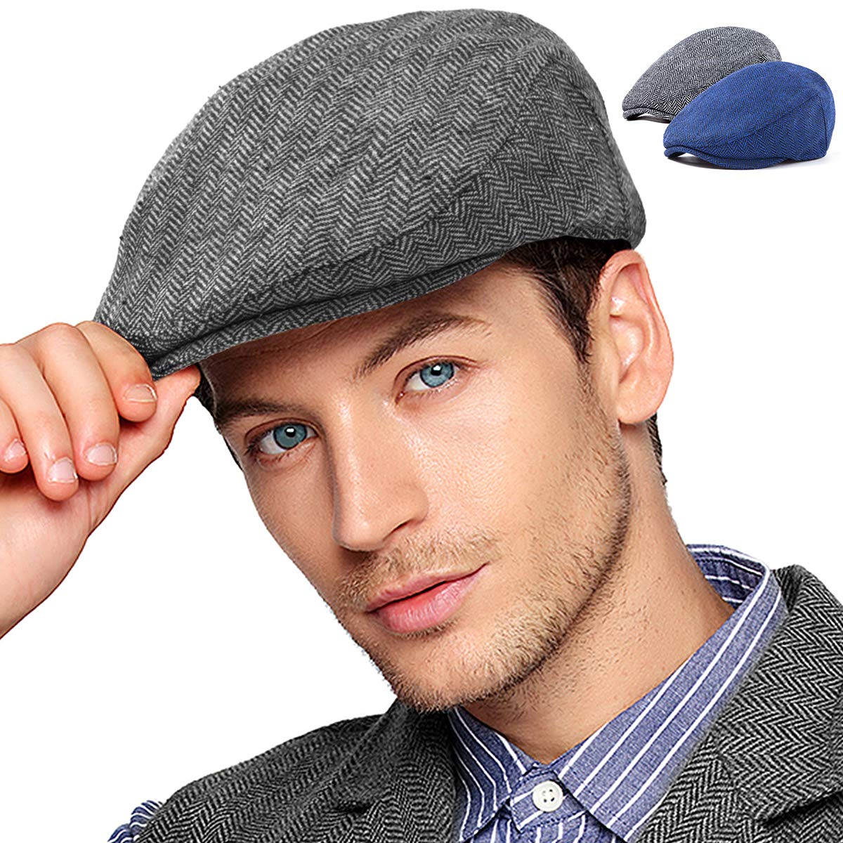 2-Pack Adjustable Newsboy Hats for Men Flat Cap Irish Wool Blend Tweed
