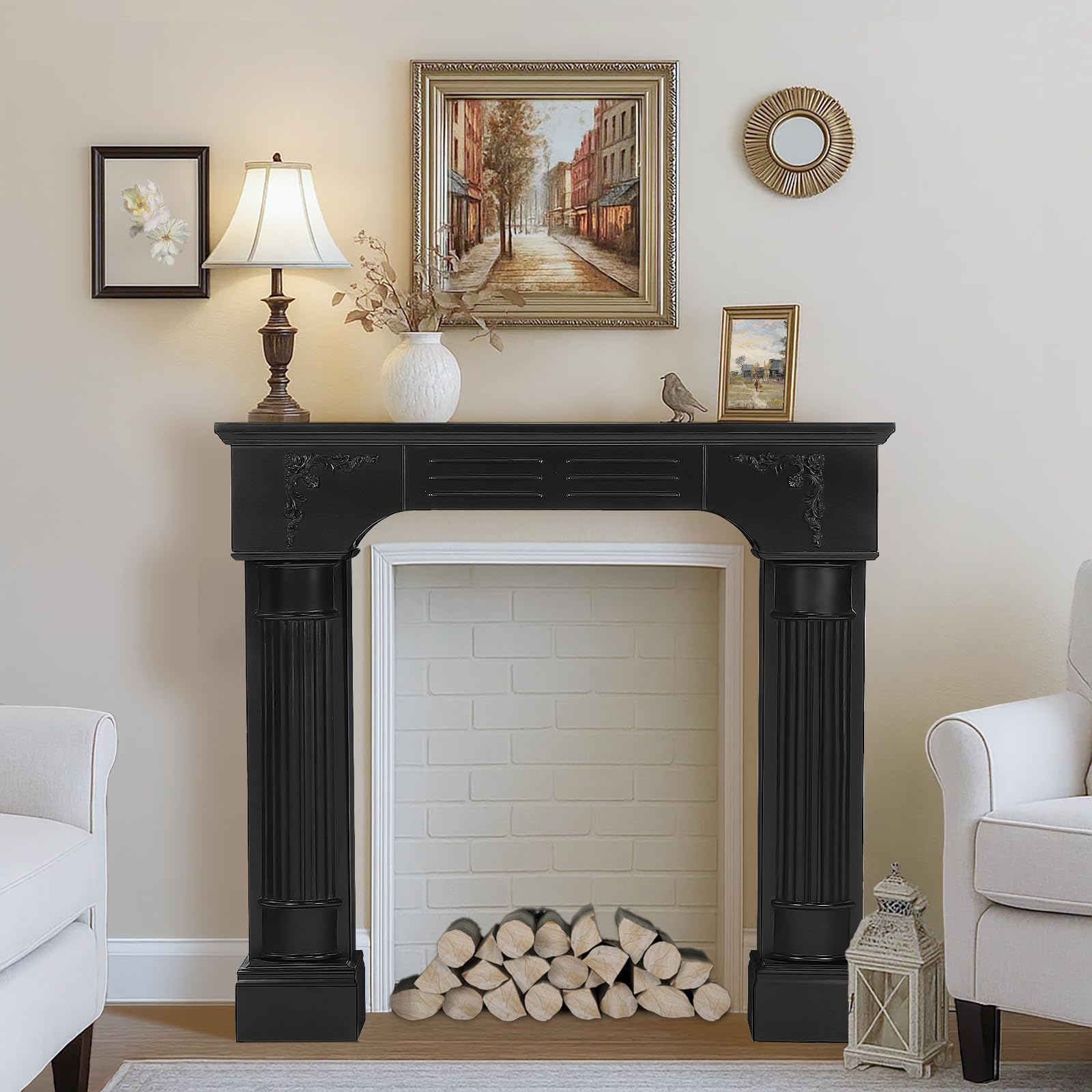 Modern Fireplace Mantel Surround, Black Freestanding Surround Mantel for Electric Fireplace, Waterproof &amp; Anti-Tipping, Premium MDF Wooden Mantel with Leg for Living Room