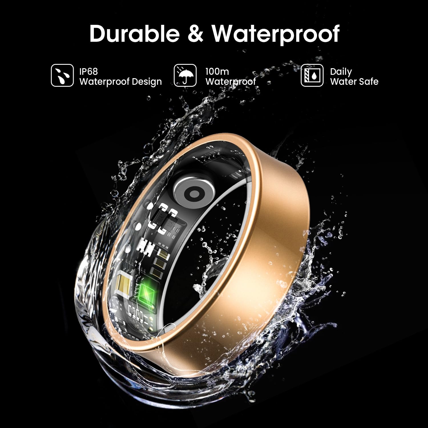 Smart Ring für Herren Damen, Fitness Ring mit 24/7 Herzfrequenz HRV SpO2 Schlaf Temp, 176 Sportmodi, IP68 Wasserdicht, APP kein ABO, für Android iOS (Gold, 57.5mm)