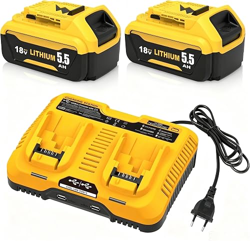 2X 5.5Ah Remplacement pour Dewalt Batterie 18V+ Chargeur Double 