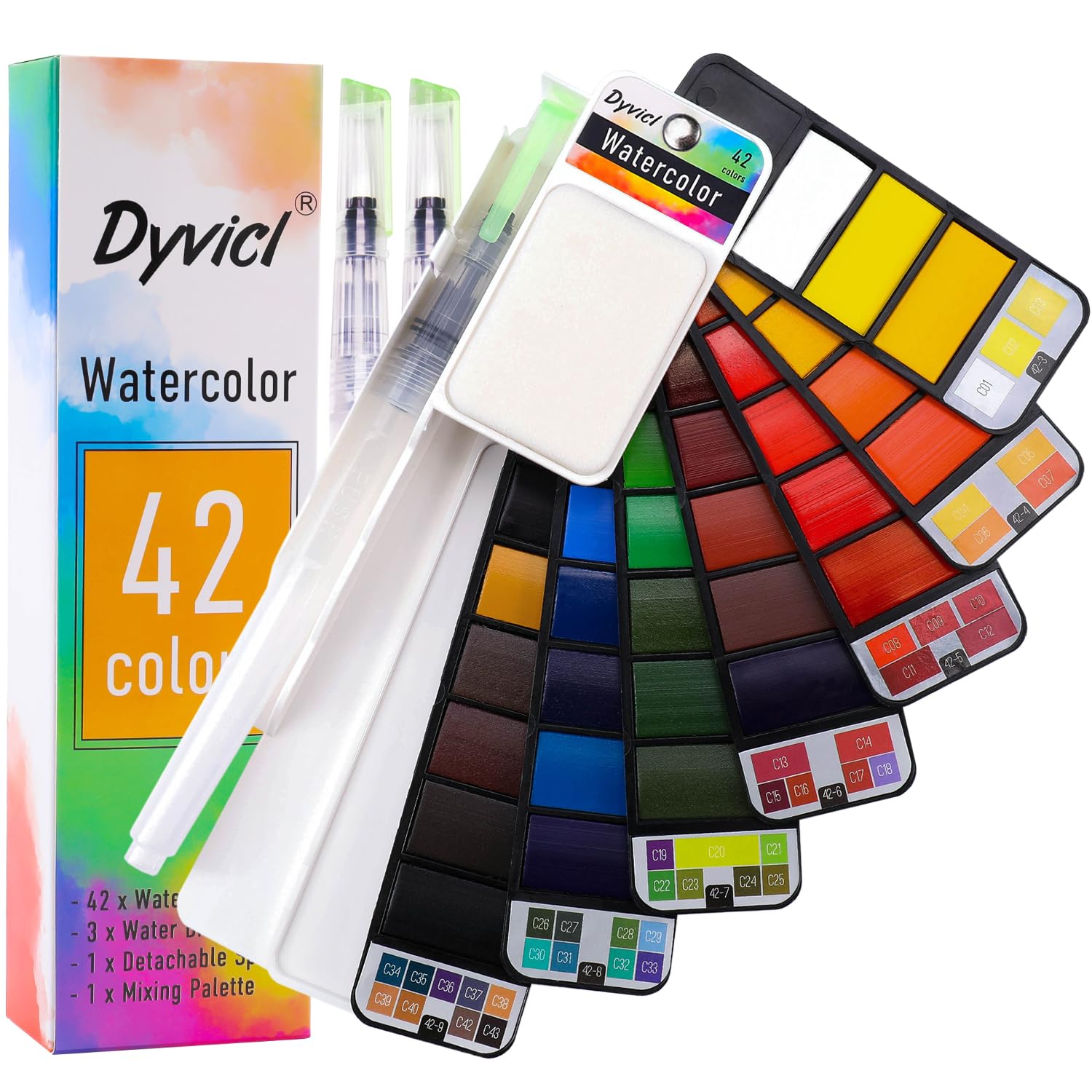 Dyvicl Watercolor Paint Set, 42 Assorted Colors Foldable Travel Watercolor Set with Brushes, Watercolor Kit for Students Adults Beginners Artist Field Sketch Outdoor Painting