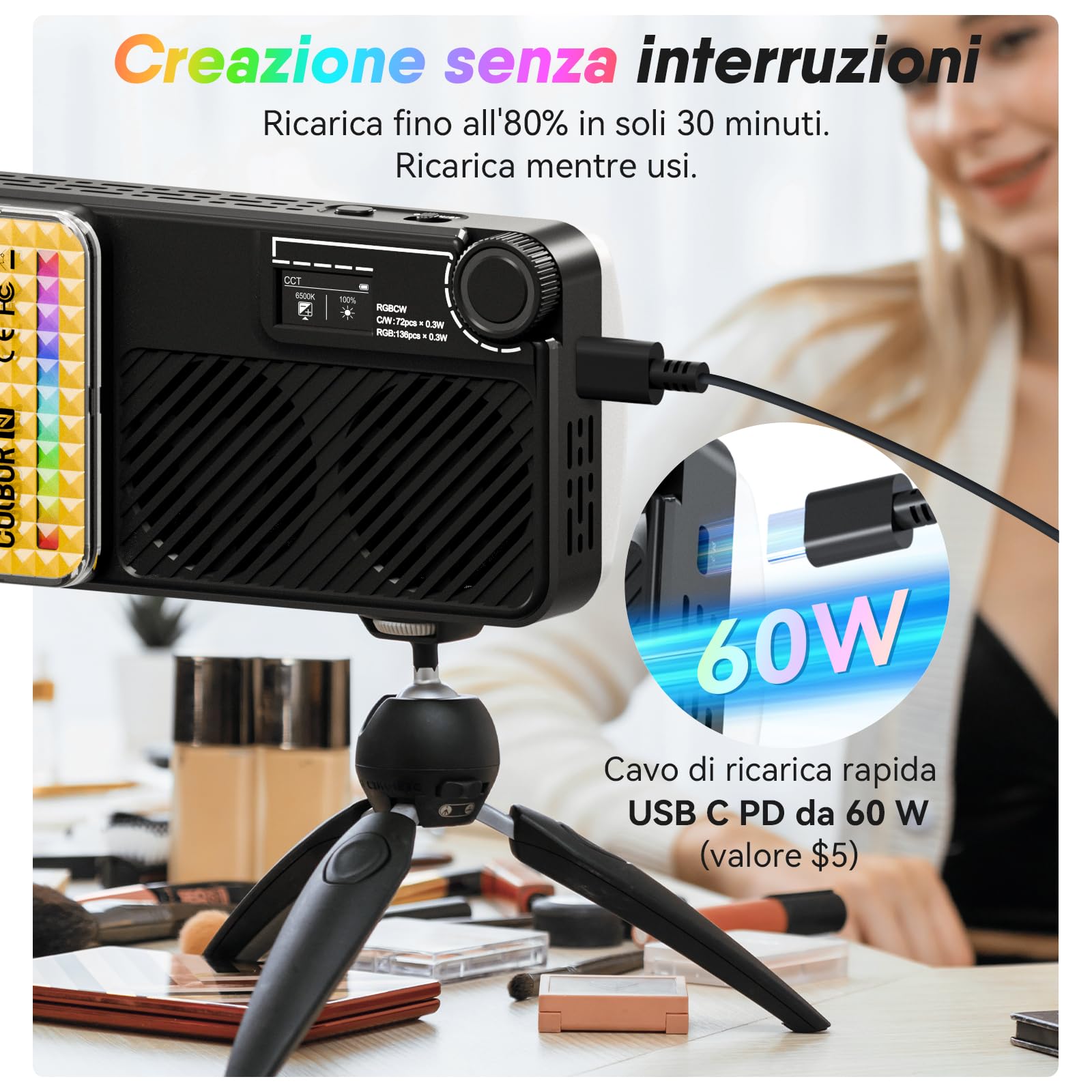Moman Piccola luce LED per fotocamera da 40 W, Full RGB con diffusore, controllo app, 2500-9000 K, CRI 97+, ricarica rapida USB-C, luce di riempimento portatile per fotografia Sony/Canon/registrazione