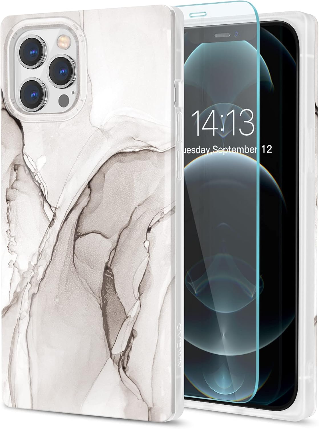 GVIEWIN Designed for iPhone 12 Pro Max Case 6.7 Inch with Screen Protector, Square Ultra Slim Thin Glossy Marble Soft TPU Rubber Stylish Shockproof Full-Body Protective Phone Case Cover (Wander/White)