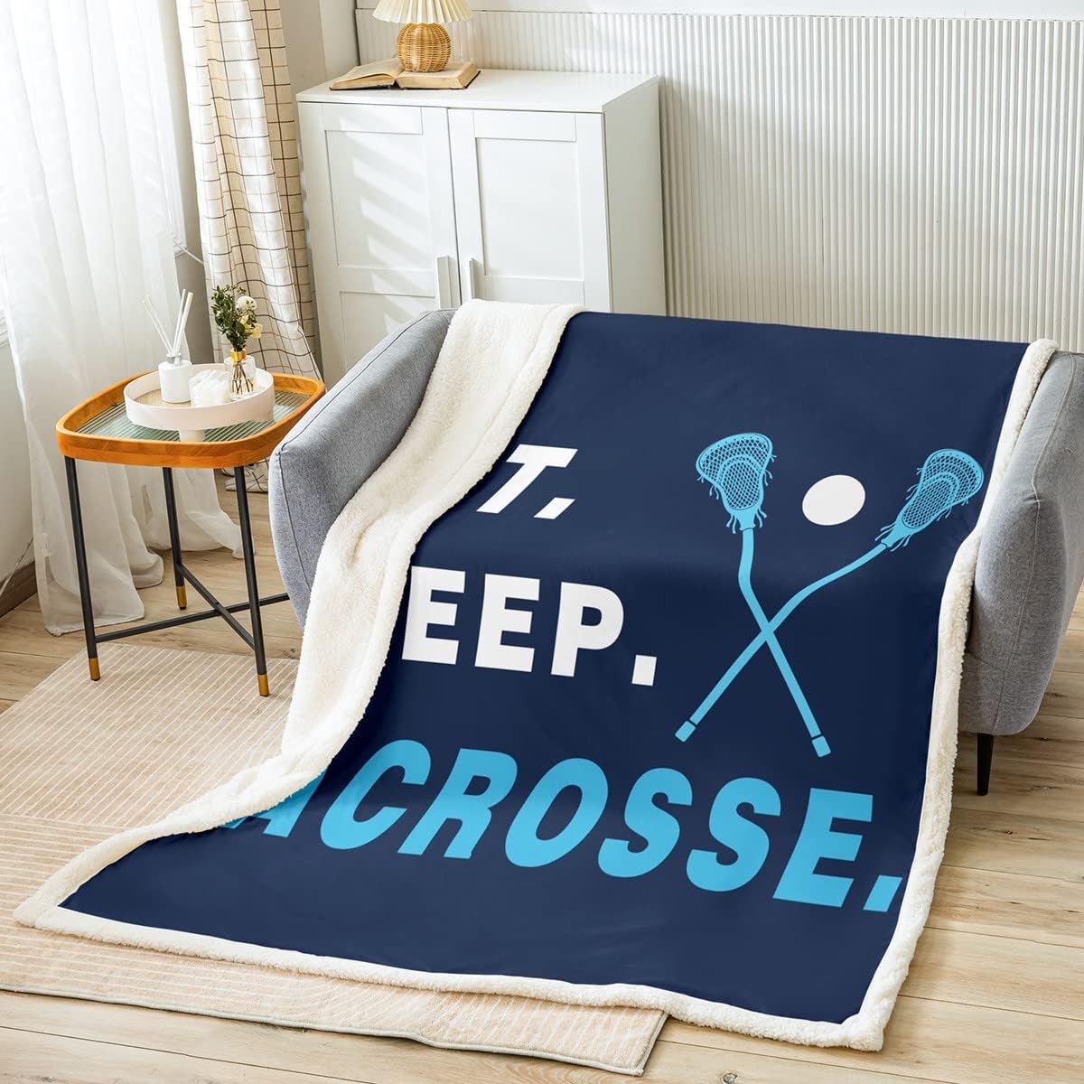 Lacrosse Fleece Blanket Boys Gilrs Ball Sports Theme Sherpa Throw Blanket for Kids Adults Ultra Soft Lacrosse Player Games Plush Blanket Navy Blue Fuzzy Blanket Twin 60"x80" Multi 18 60"x80"