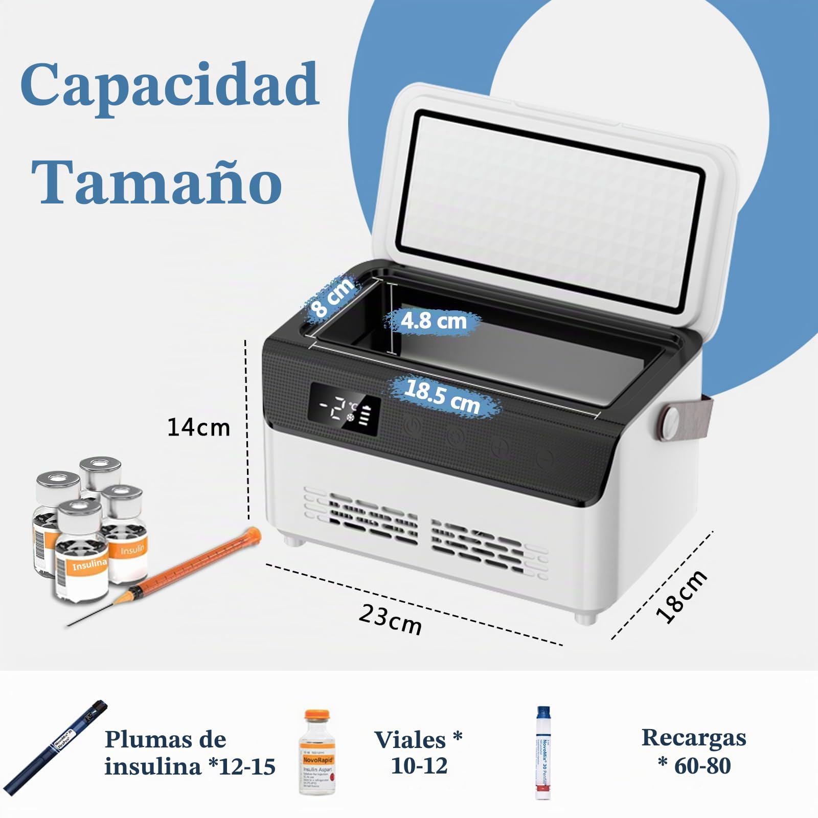 Nevera de insulina, mini medicamentos nevera portátil medicina nevera 0-8 ℃ control de temperatura inteligente pantalla LCD, hogar bolsa de refrigeración médica para coche, viajes, con 3 baterías
