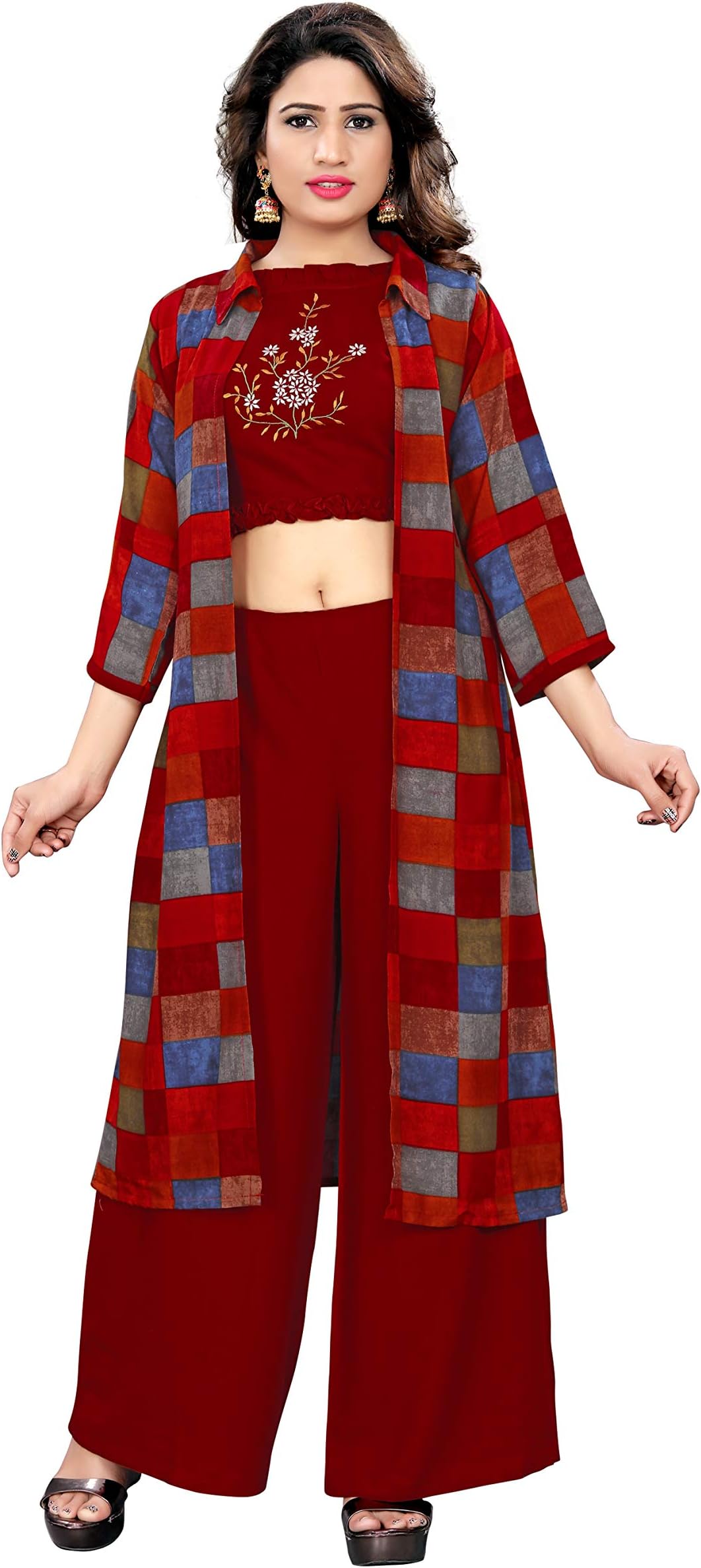 Vasantika Women Rayon Crop Top With Palazzo and Checkered Shrug (Maroon, Large)
