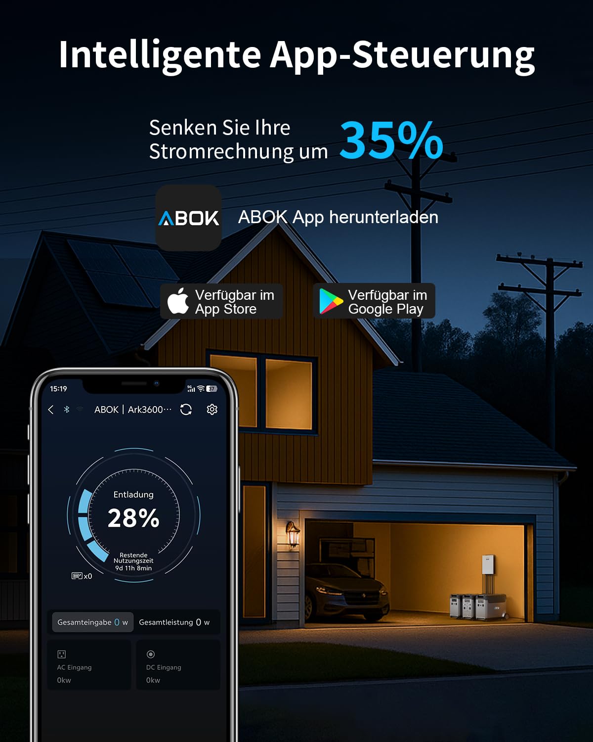 ABOK Ark3600 Zusatzakku 3840Wh, LiFePO4 für Tragbare Powerstation, Off-Grid | Erweitert den Solargenerator auf bis zu 11.520Wh, mit langer Laufzeit, App-Status und zuverlässigem Off-Grid-Backup.
