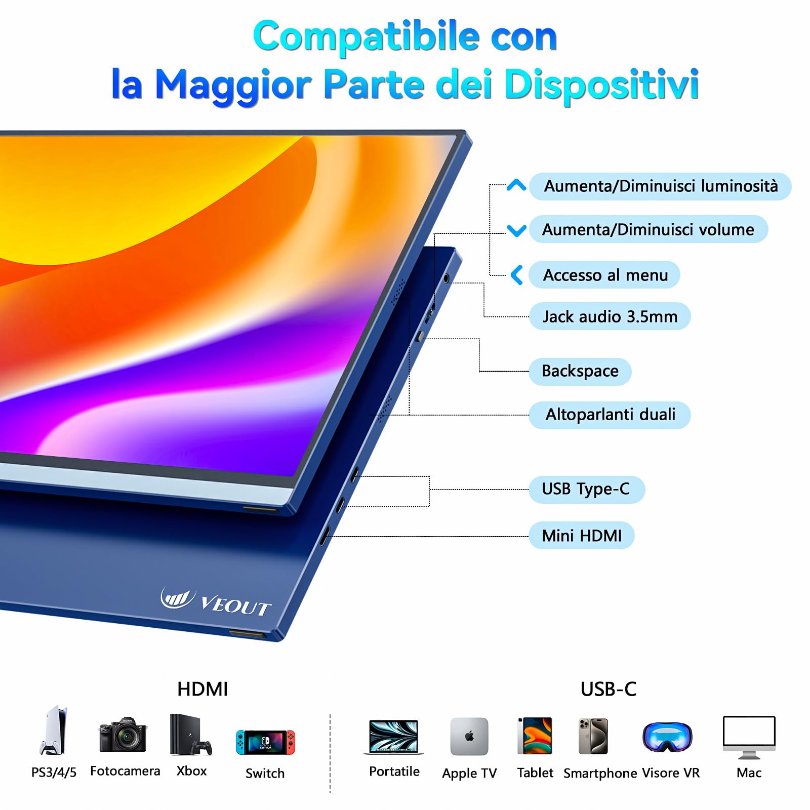 Veout Monitor portatile da 16" monitor per laptop IPS 1920 x 1200P con connettore USB - C monitor per gaming con FreeSync e HDMI dotato di un piedino regolabile disponibile