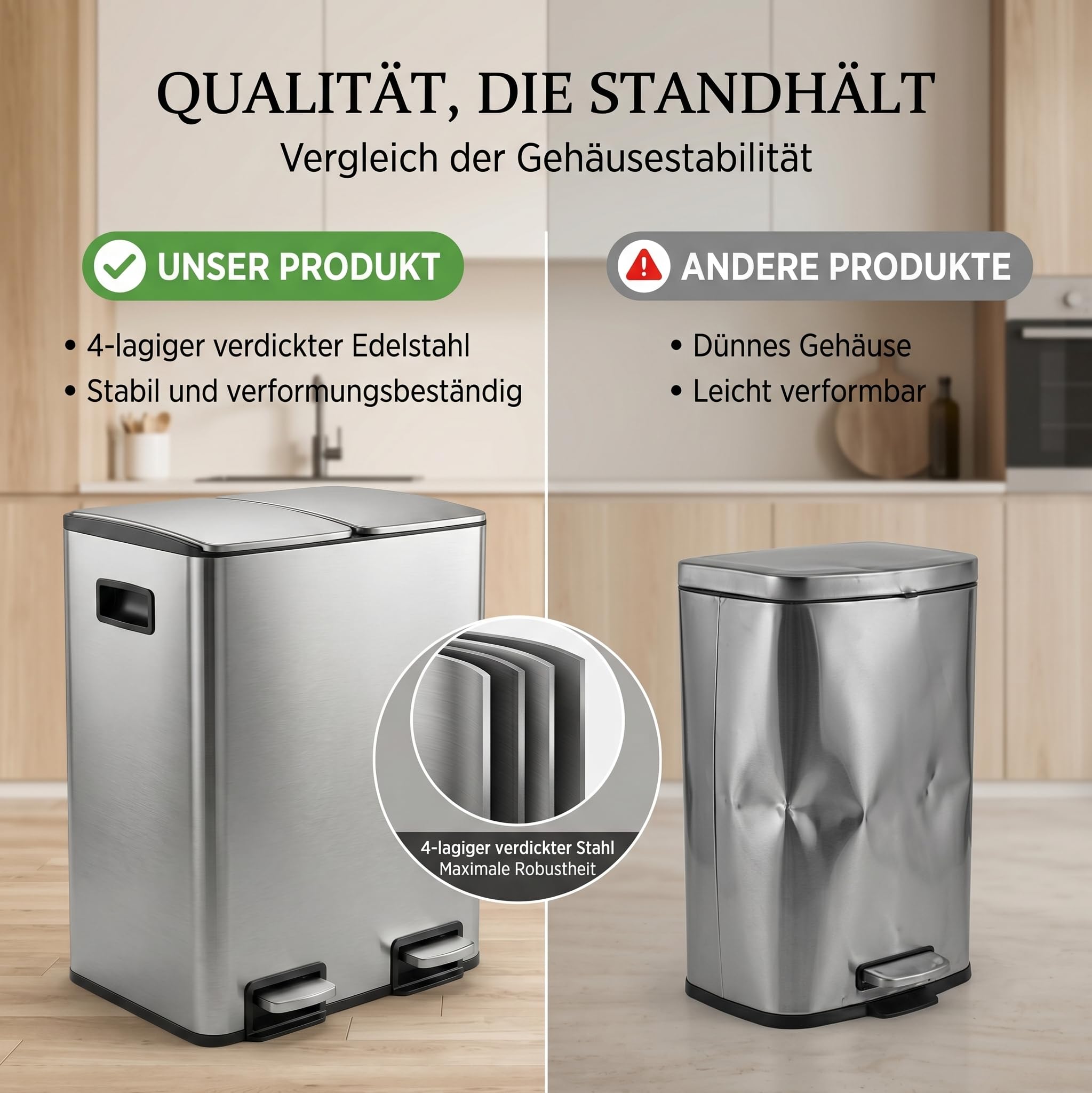 Mülleimer Küche 2 x 19 L(38L), Edelstahl Treteimer mit Deckel, Mülltrennsystem 2 Fächer, Abfalleimer mit Softclose, Fingerabdruckresistent, Pedaleimer mit Inneneimer für Küche Haushalt