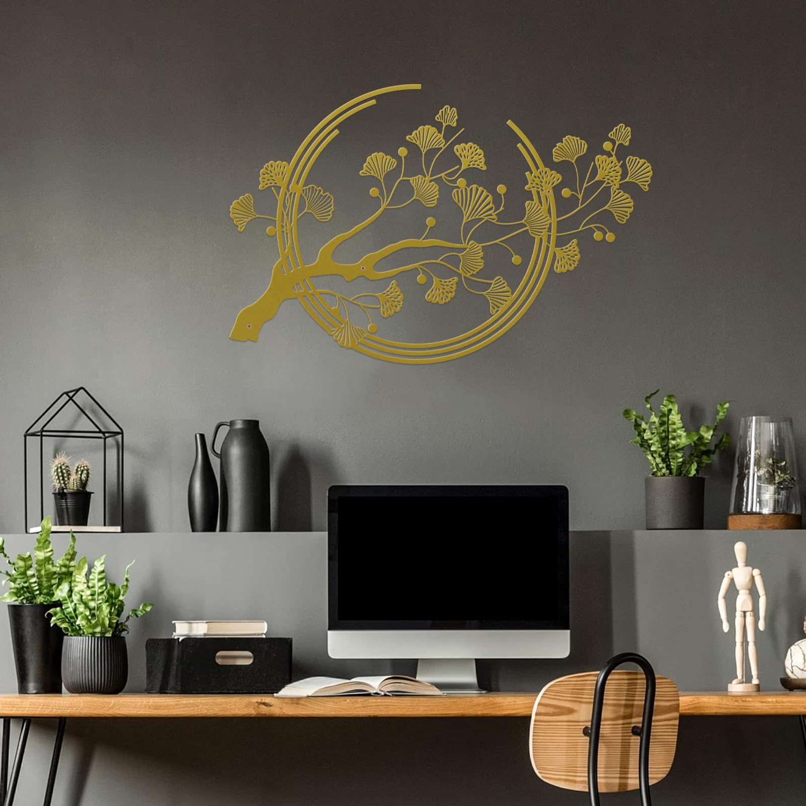 Décoration murale en métal avec grandes feuilles de ginkgo - Convient pour le salon, la chambre, le bureau, le bureau (doré)