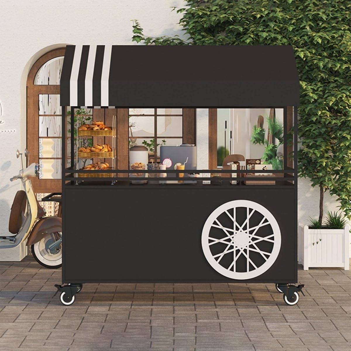 Carrito de Venta Profesional con Ruedas Giratorias de 360°,Puesto Portátil | Carro de Venta Puesto de Venta con Toldo y Ruedas, Mostrador Móvil para Mercados y Venta Ambulante(Black,100cm)
