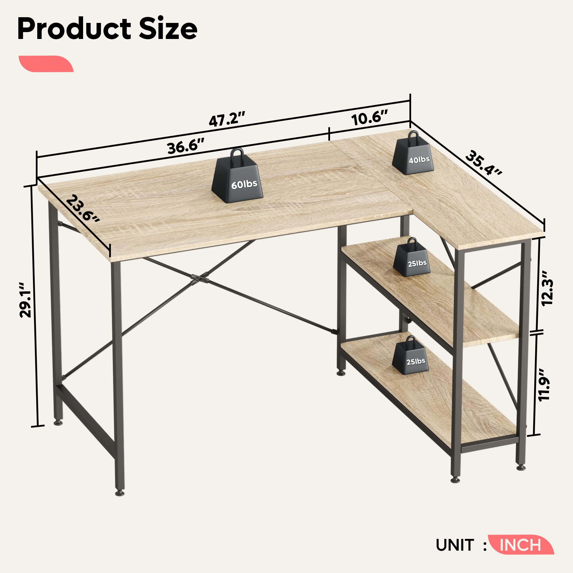 Buy Bestier Small L Shaped Desk with Shelves 47 Inch Reversible Corner