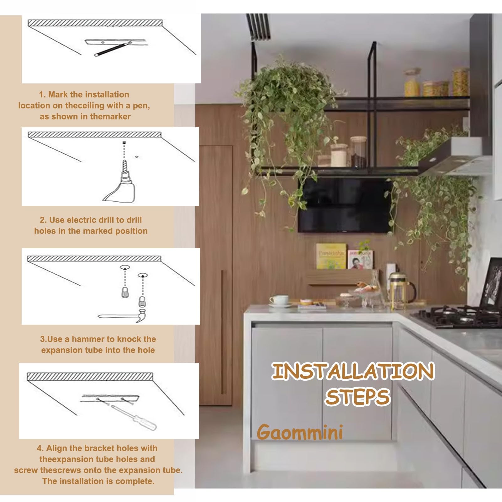 Mensola sospesa a soffitto, mensole Decorative galleggianti per Soggiorno, Bar, Cucina, pentole, padelle, Porta spezie, portabottiglie, 60 cm ~ 150 cm, Porta Piante e Fiori (60 x 30 x 80 cm)