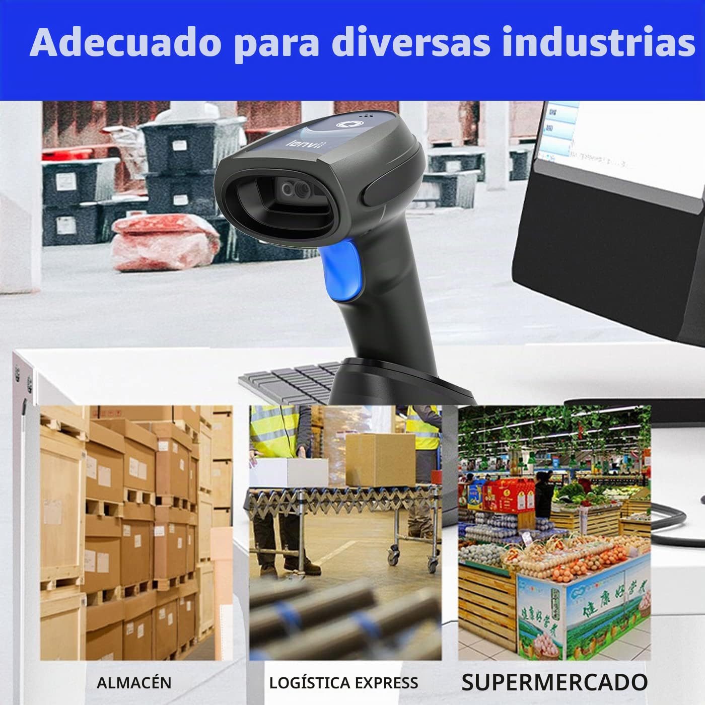 LENVII Bluetooth Lector Codigo De Barras Inalambrico 1D 2D QR Code Scanner Inalambrico/Cableado/Bluetooth 3 en 1 Escaner 2D con Base De Carga Inteligente Barcode Scanner Soporta iOS y Android