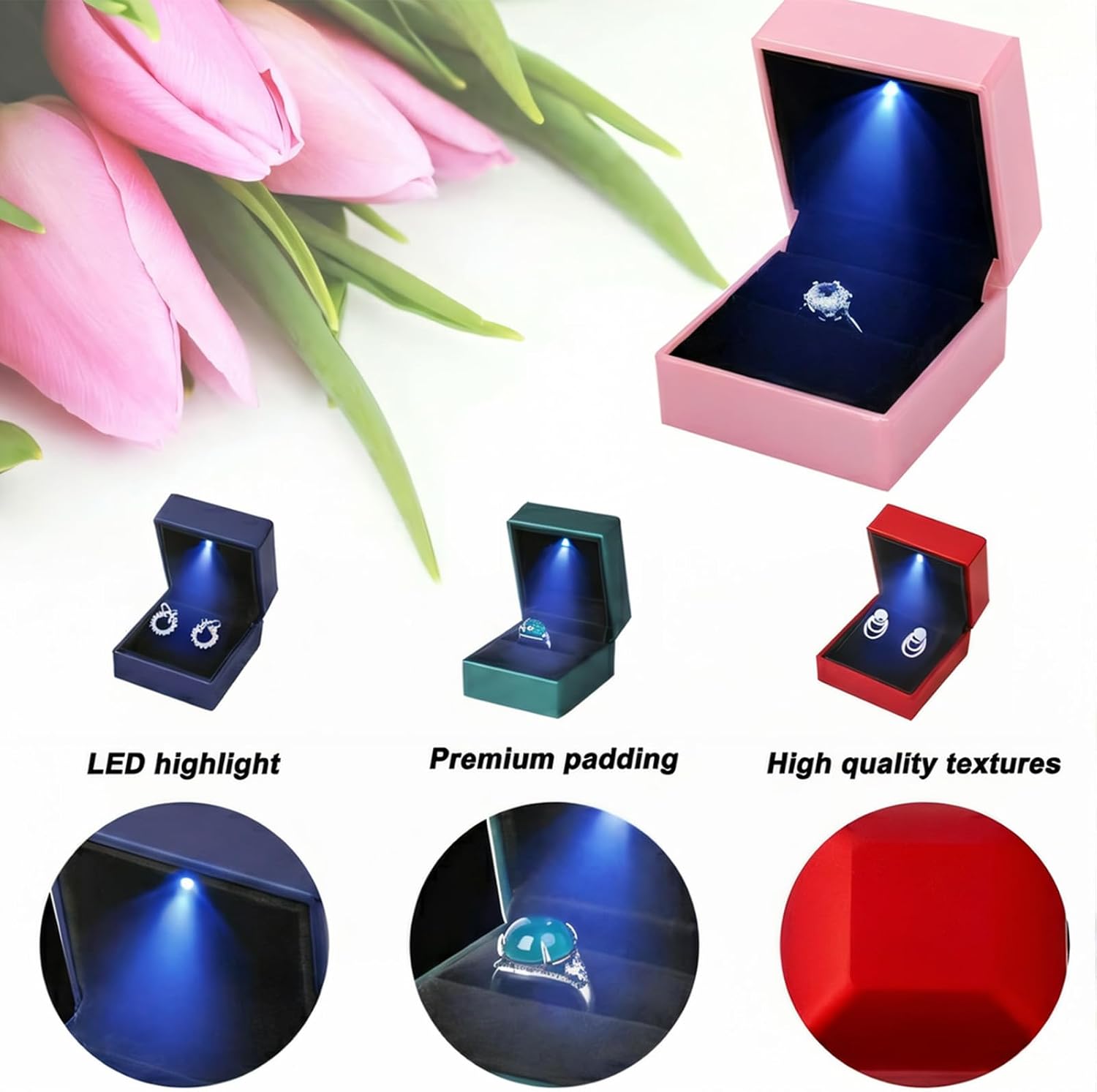 Ring Box Square Shaped LED Blue Light Engagement Ring Boxes Jewelry Gift Box for Proposal Wedding Valentine's Day Anniversary Christmas Mothers Thanksgiving Gift (Black) image 3