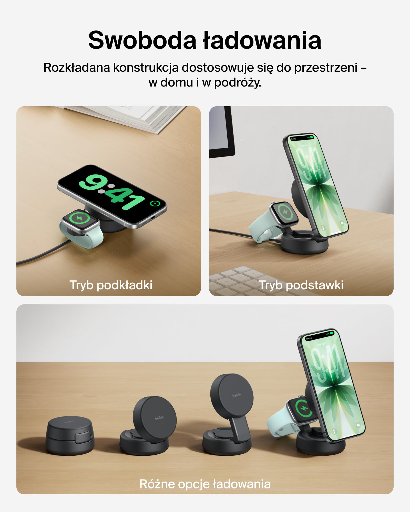 Belkin UltraCharge Pro Stacja Ładująca Qi2 2 w 1, 25 W – Czarna | Zgodna z MagSafe Bezprzewodowa Ładowarka do Urządzeń iPhone, Apple Watch i Słuchawek, Certyfikat Qi2.2, z Zasilaczem 45 W