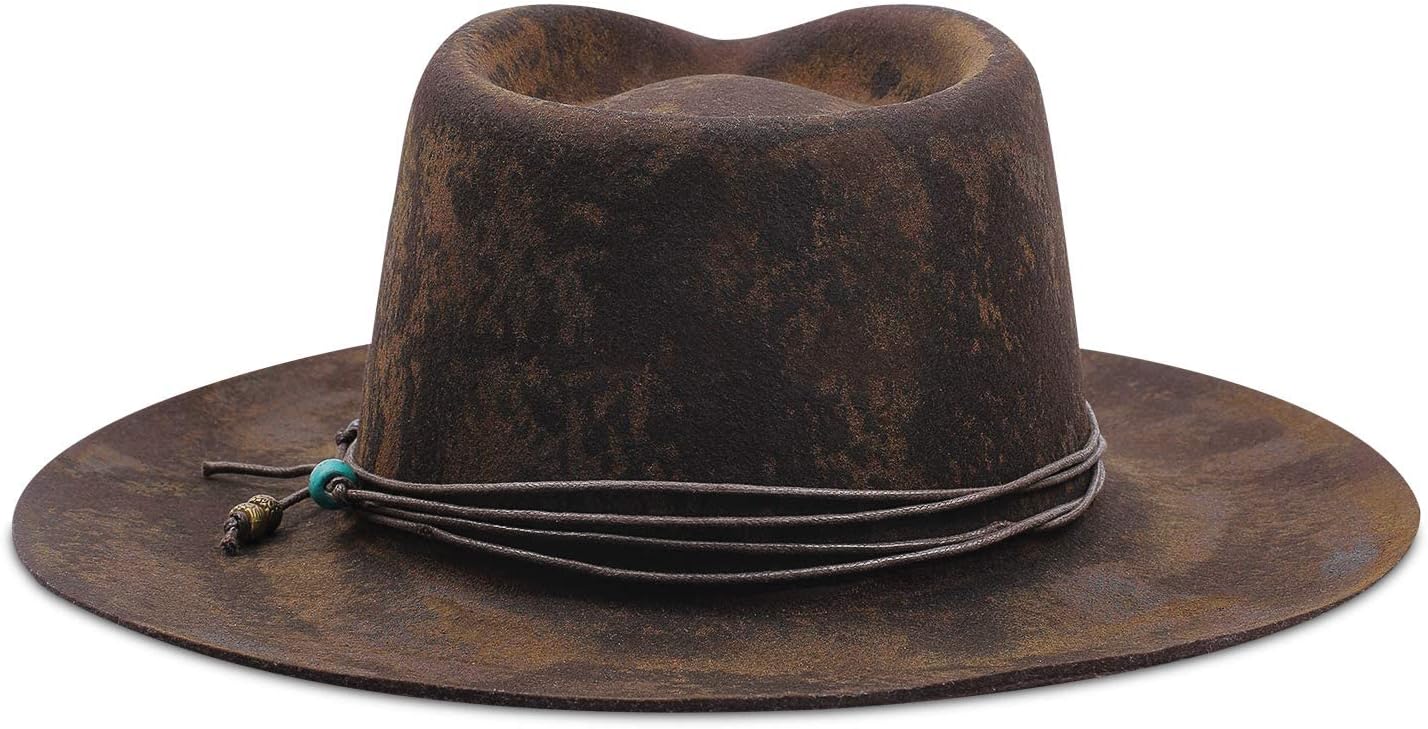 RUEDIGER Wide Brim Fedora Hats for Men Women 100% Wool Felt Panama Rancher Hat with Lightning Logo Distressed/Burned Handmade
