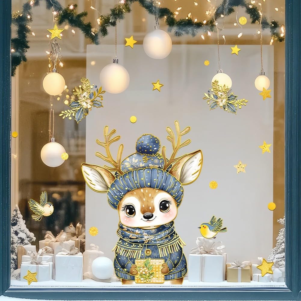 Calcomanía de ventana de Navidad de dibujos animados de alce dorado de PVC adhesivo de pared reutilizable para decoración del hogar de temporada 86 x 95 cm