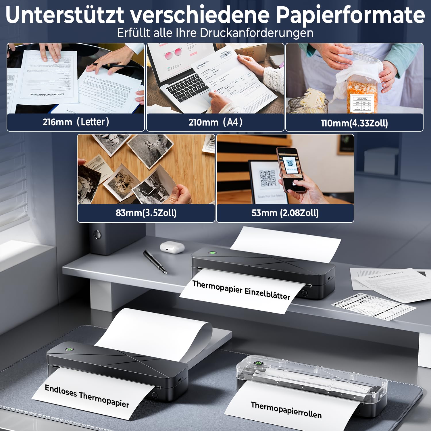 TATTMUSE Thermodrucker A4, Mobiler Drucker a4 Für Unterwegs, Tragbarer Drucker für Phone, Laptop, Unterstützt Thermopapier