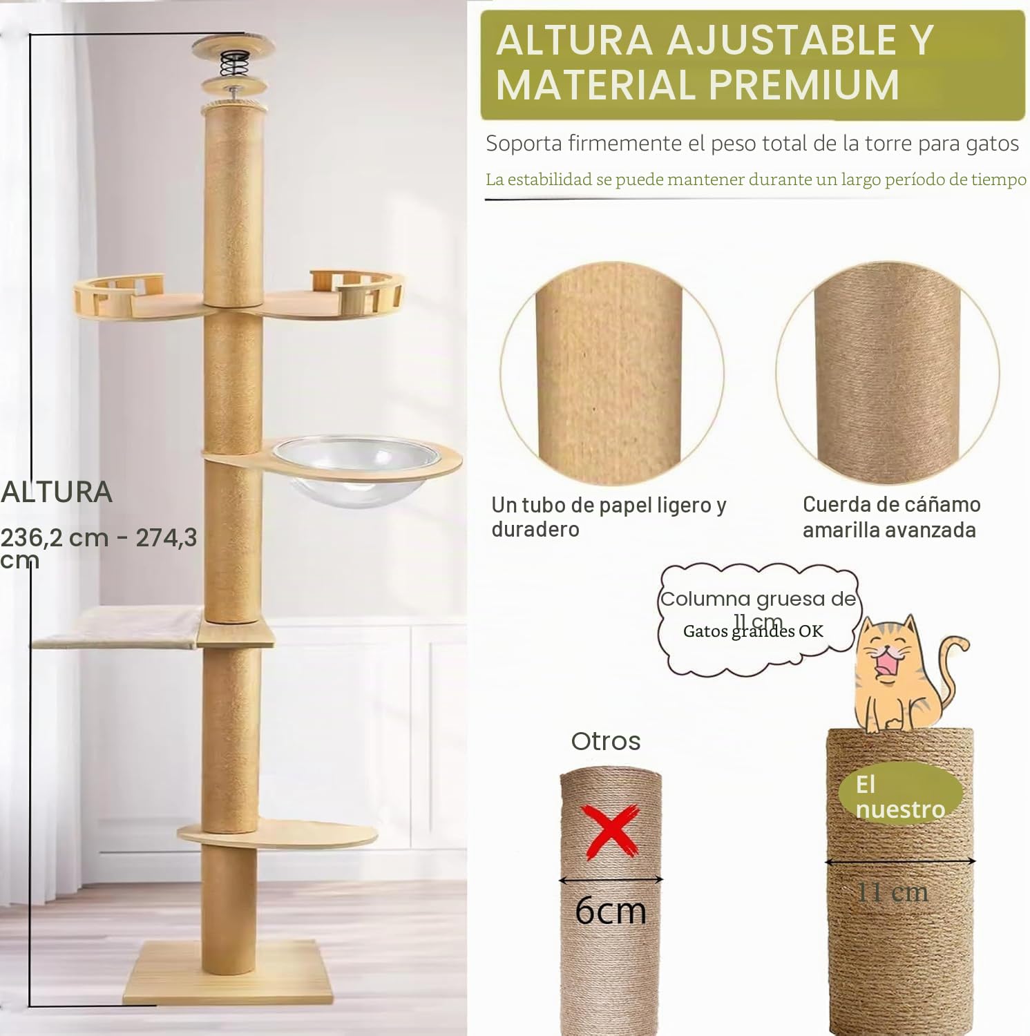Rascador de Suelo a Techo, Altura Ajustable, 240 – 250 cm, 265 – 275 cm, Ancho 11 cm, Hamaca para Gatos, Totalmente Envuelta en Cuerda de sisal
