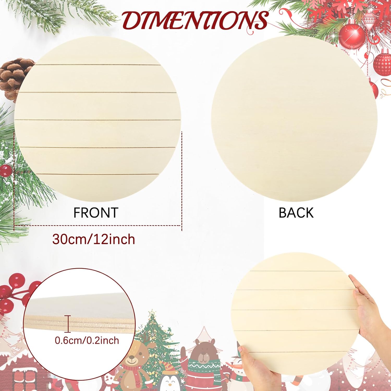 Whaline 5 pcs 12 inch Christmas Wood Circles for Crafts Xmas Rustic Unfinished Round Wooden Signs Blank for Christmas Winter DIY Painting Art Craft