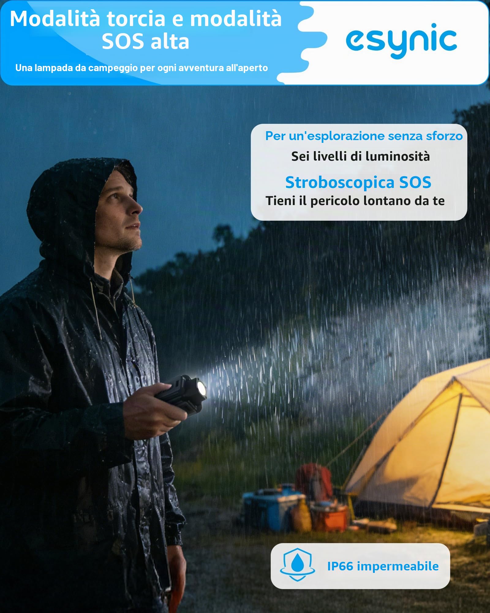 eSynic Luce LED da Campeggio 4000LM, 5 Modalità SOS Strobo e 6 Luminosità Regolabile, Batteria 16000mAh Ricaricabile Dura 5-30 Ore, Lampada di Lavoro Impermeabile con Trepiedi 1.55m, Magnete e Gancio