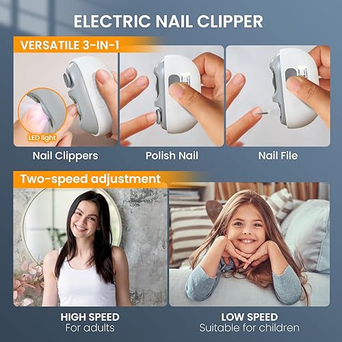 Miniatura 2 de Cortaúñas eléctrico recortadora automática de uñas 3 en 1, pulidora y almacenamiento de clips con luz LED, recargable por USB y 2 velocidades con