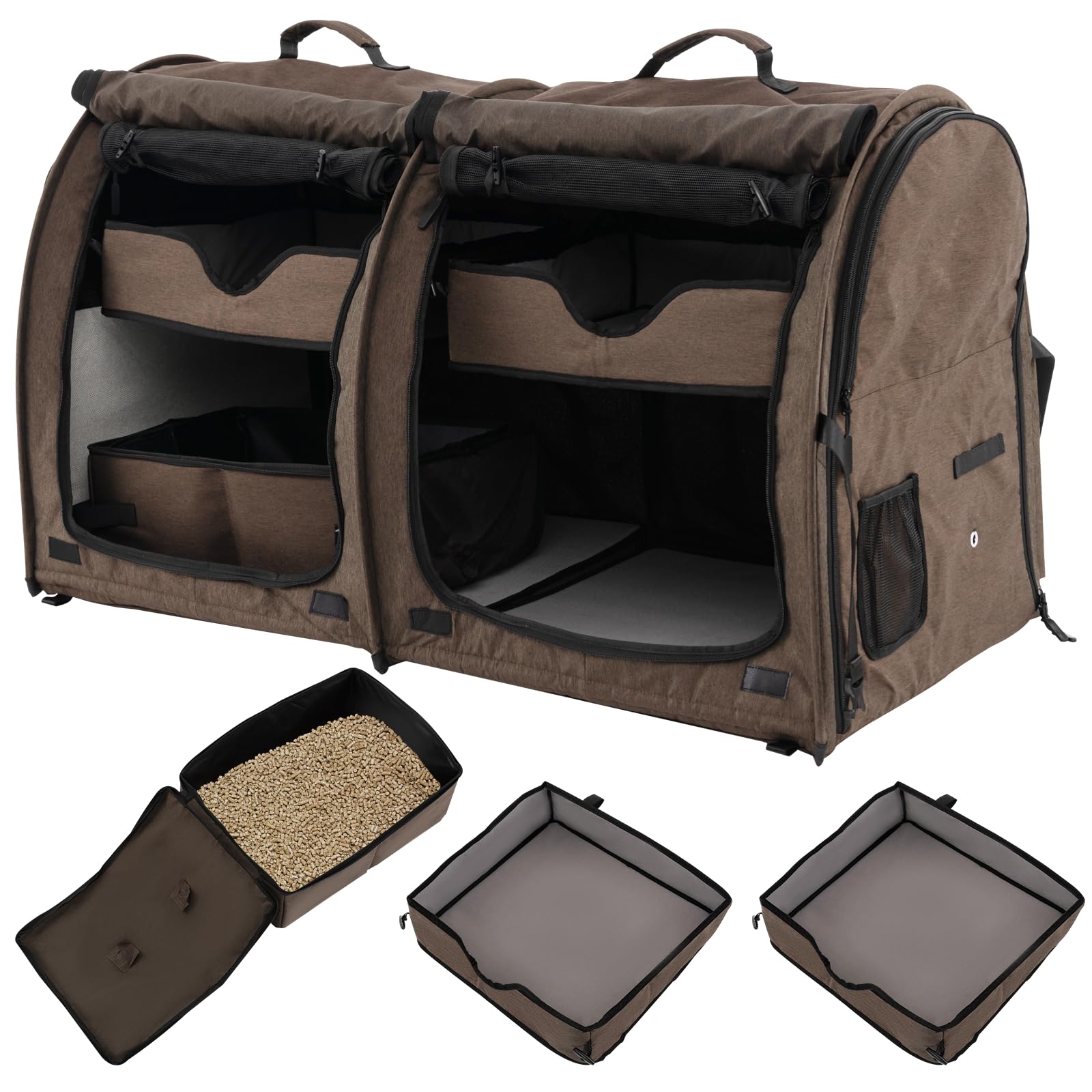 GYMAX Pet Carrier, Soft-sided Portable Cat Dog Travel Crate with 2 Removable Hammocks, 2 Compartments, Dual-use Mats, Litter Box and Carry Bag, Pet Kennel for Small to Large Sized Pets (Brown)