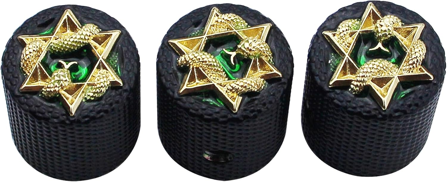Guyker Guitar Bass Potentiometer Control Knobs with 6mm Dia. Shaft Pots - 3PCS Zinc alloy Speed Tone Volume Knob Replacement Part, (Gold Green Snake Top, black body)