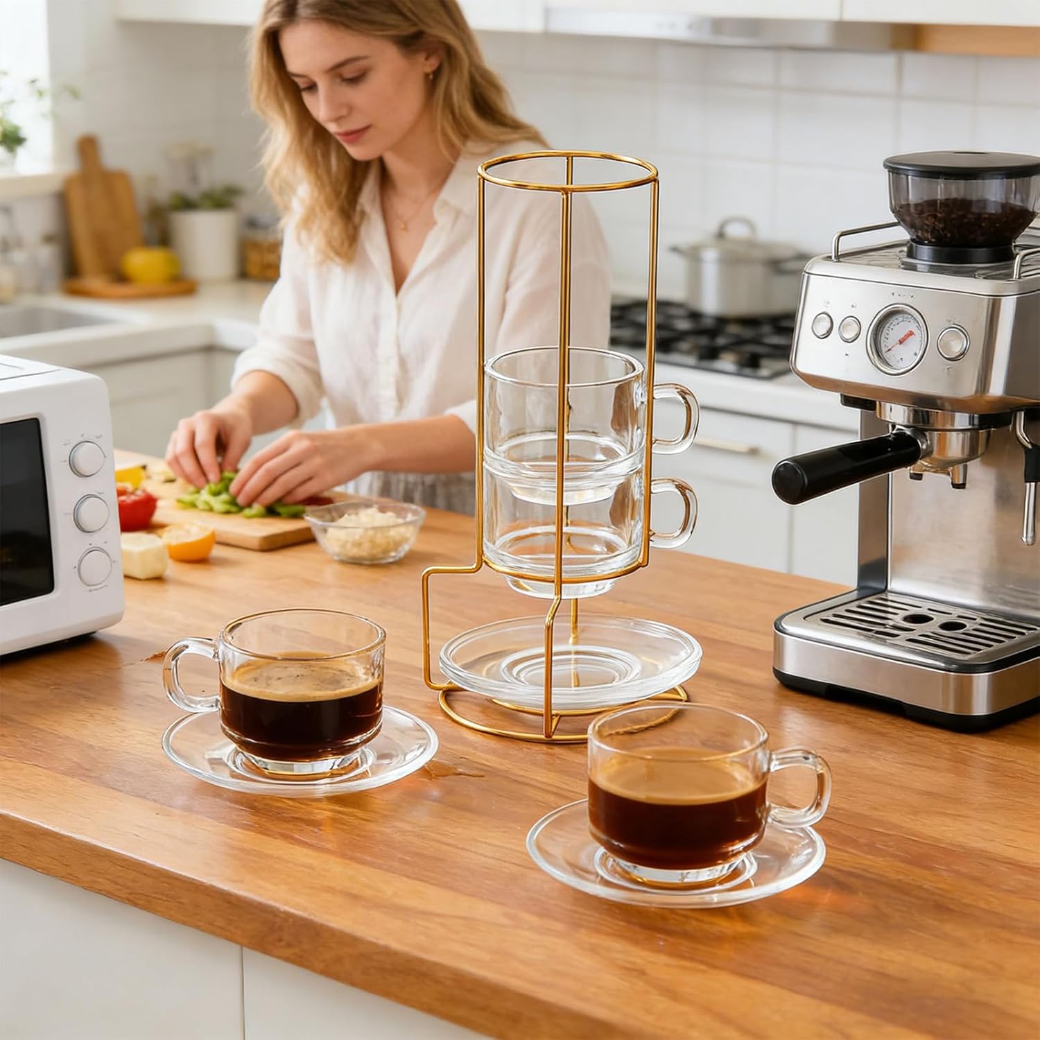 Clear Glass Coffee Cup Set with Display Stand Ideal for Small Areas Elegant Glass Coffee Cup and Saucer Set with Display Stand