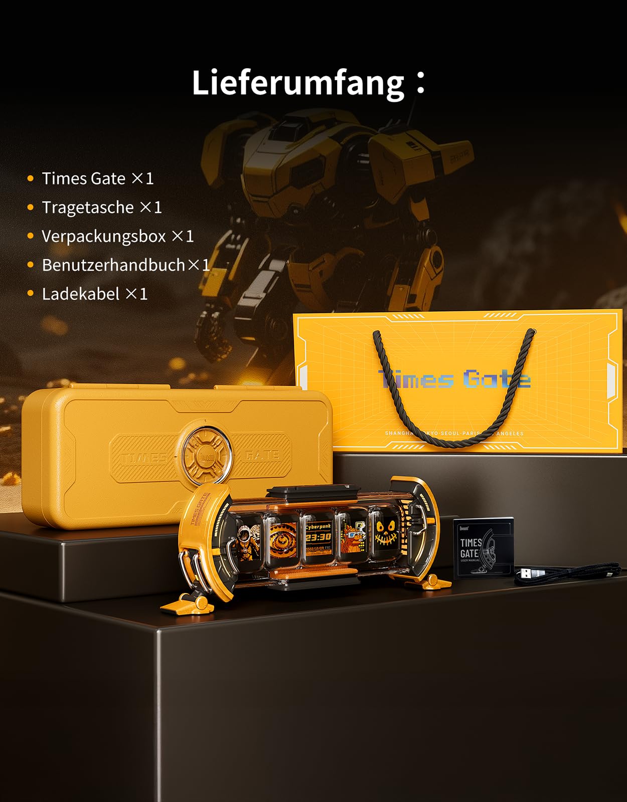 Divoom Times Gate Cyberpunk digitale klok met smart-app-bediening, wifi- verbinding, RGB led-display, gepersonaliseerd dashboard en pixelkunst, voor gaming-ruimte en kantoordecoratie, geel