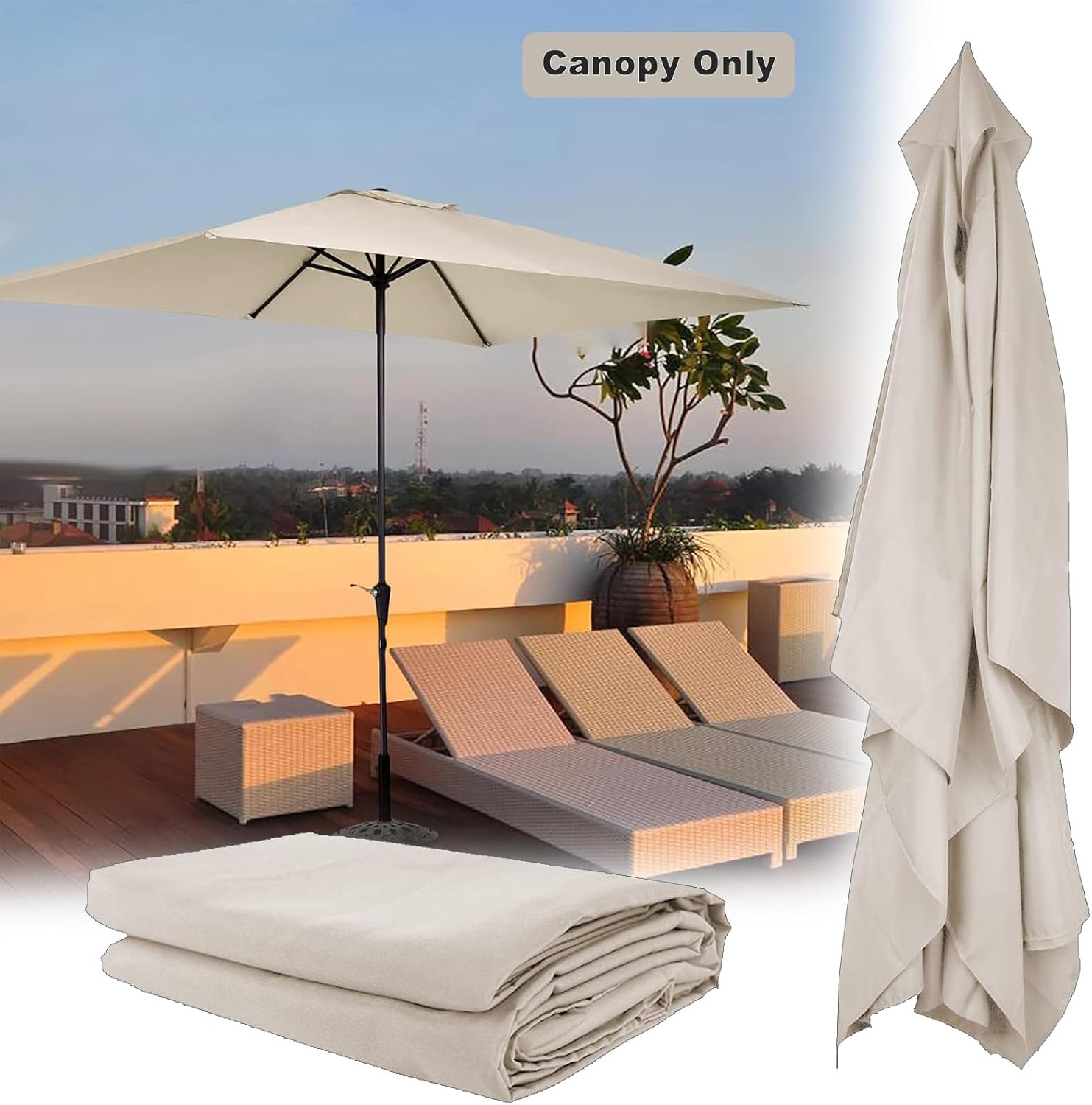 Outdoor Patio Umbrella Replacement Canopy 6 Ribs, 6.5X10 Ft Rectangular Patio Umbrellas Replacement Canopy for Market Table Parasol Top Cover - Heavy Duty Polyester Fabric (Canopy Only),Beige