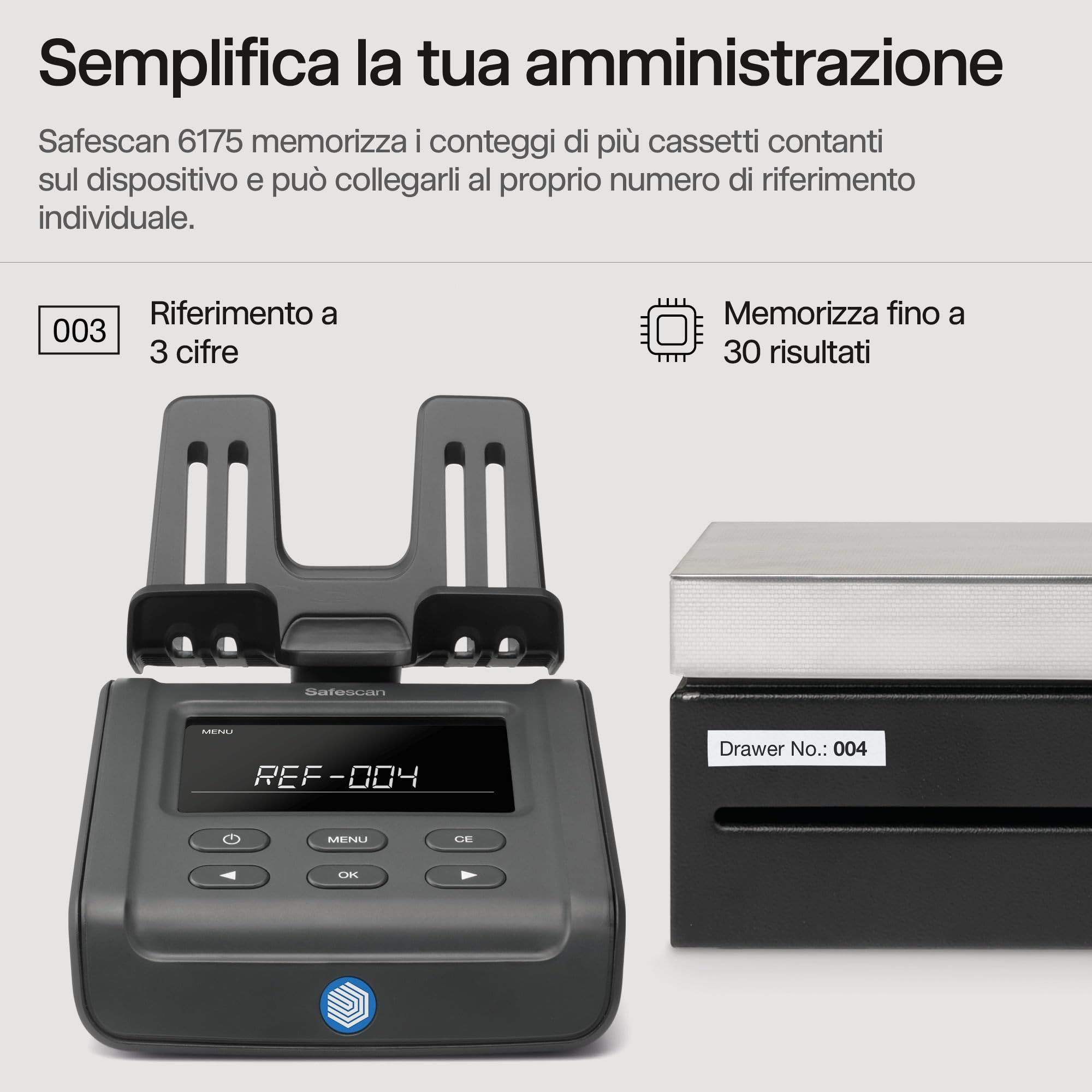 Safescan 6175 Macchina contasoldi che conta monete, banconote, buoni e gettoni, Contamonete con riconoscimento automatico del rotolo di monete, Bilancia che memorizza i risultati di ogni conteggio