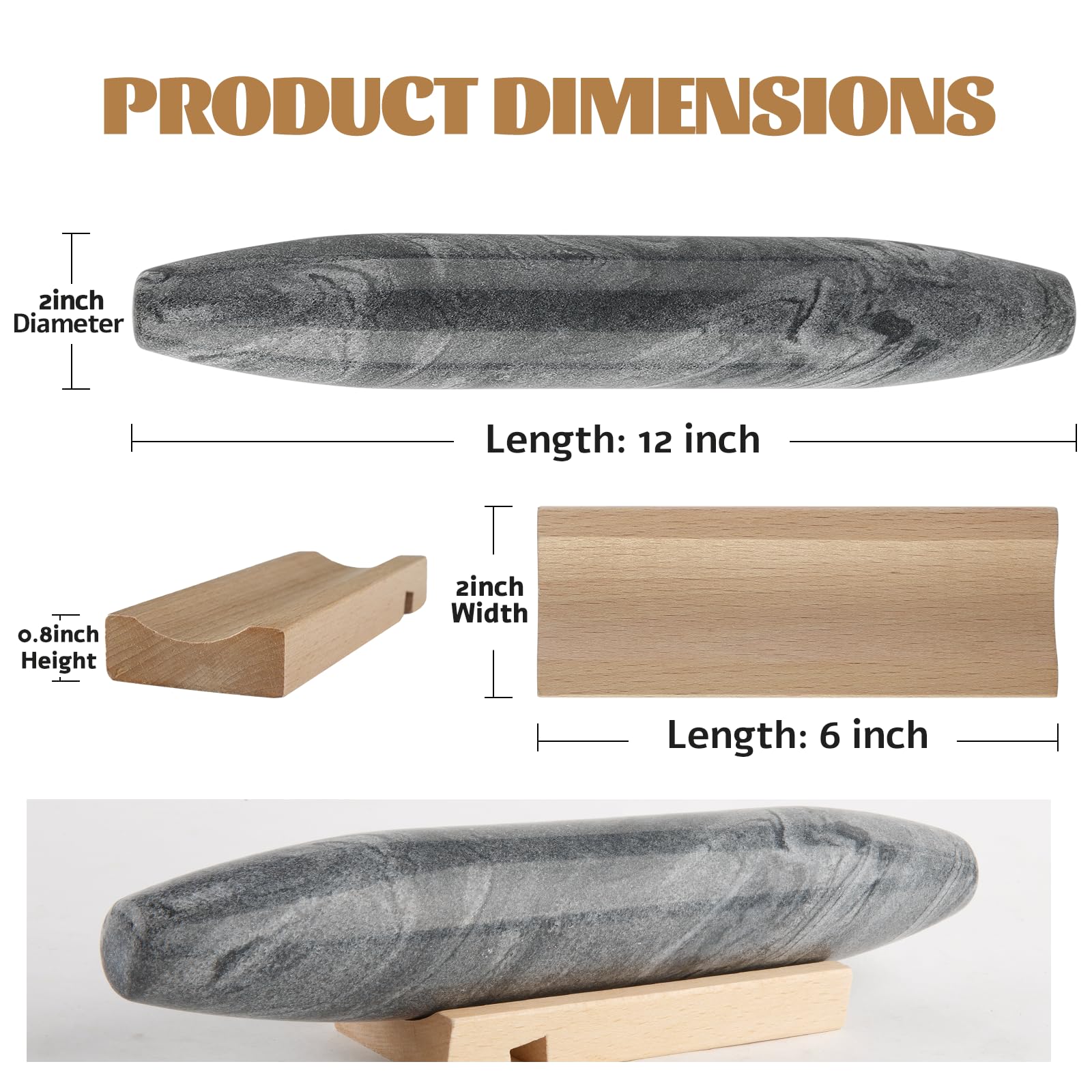 Koville Mattarello francese in marmo grigio naturale africano, mattarello antiaderente da 30,5 cm per cottura, rullo per pasta, gnocchi, fondente, torta, pane, pizza, utensili da cucina
