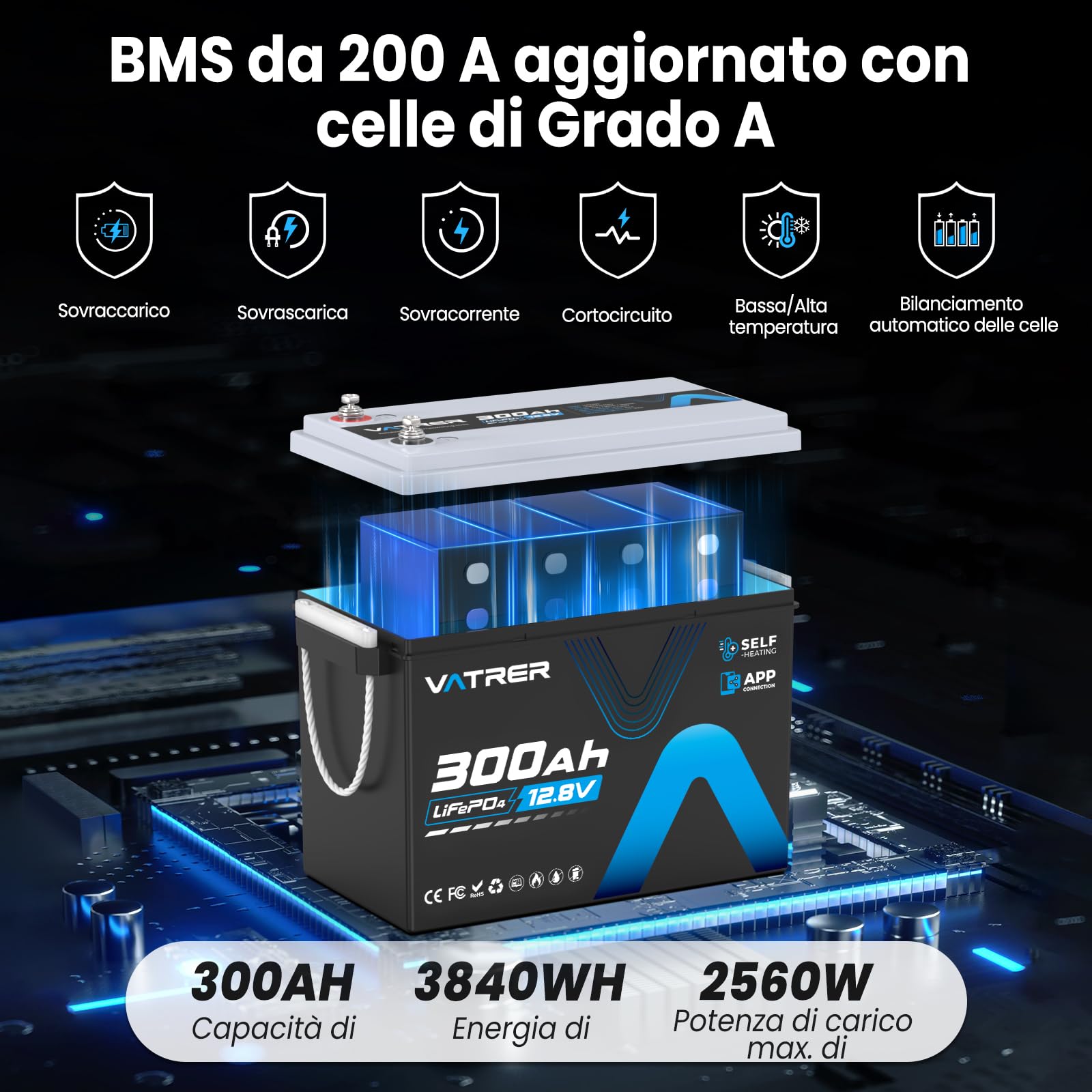 VATRER POWER Batteria LiFePO4 12,8V 300Ah Autoriscaldante Bluetooth