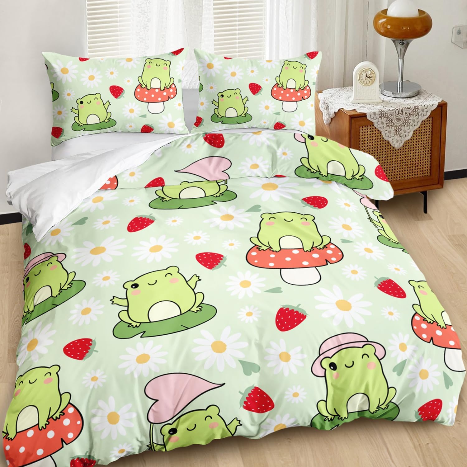AILONEN Cute Frog Kids Duvet Cover Set, 3 Pieces Queen Size Bedding Set, Strawberry Pattern Comforter Cover Set, 1 Quilt Cover and 2 Pillowcases