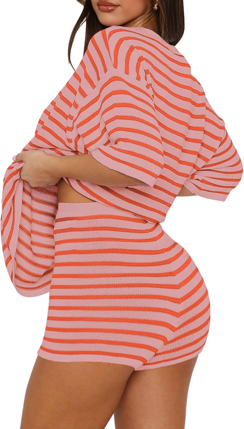 Yousify 2 Piece Sweater Set for Womens Summer Short Sleeve Tops Striped Matching Shorts Lounge Sets S-2XL - Image 4