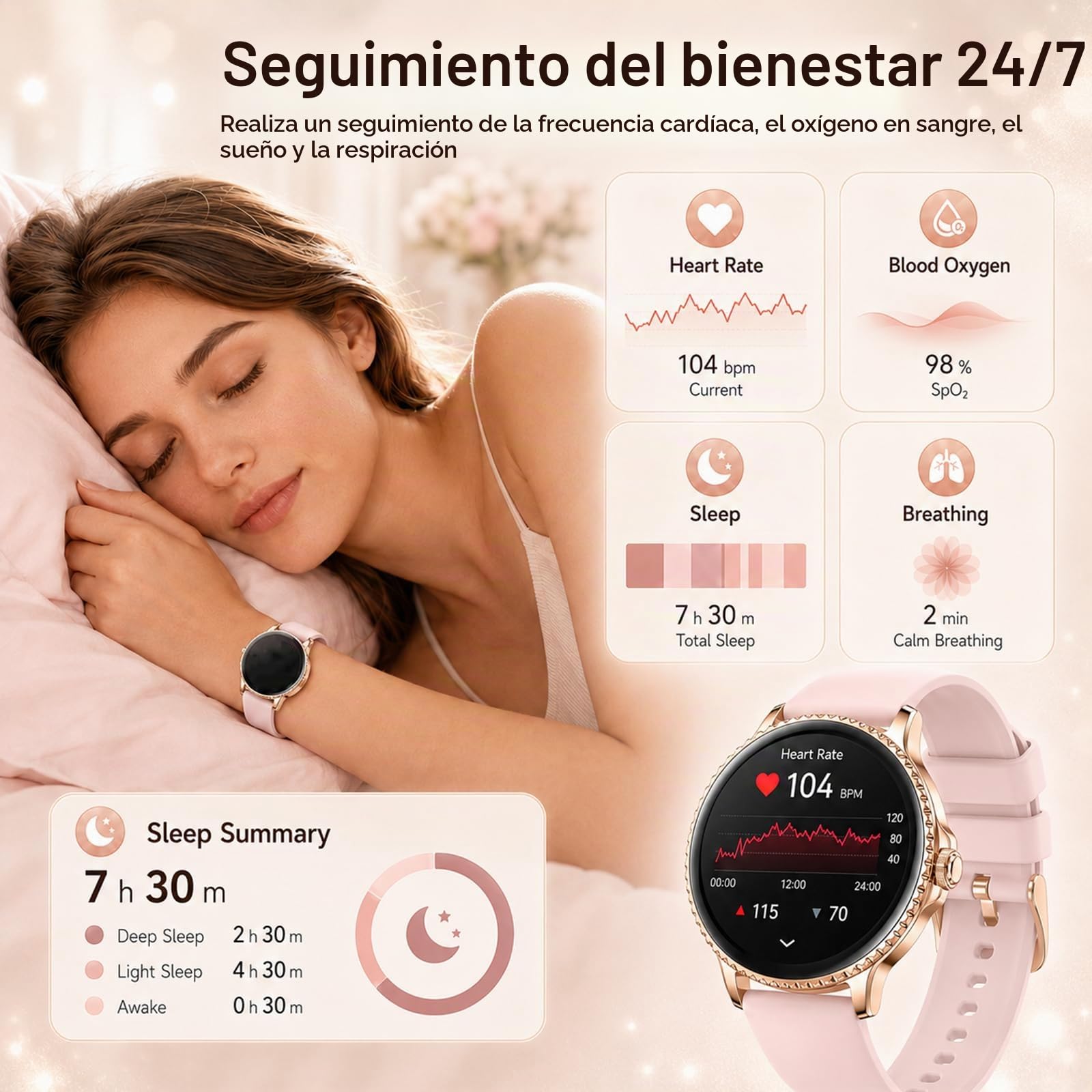 Reloj Inteligente Mujer 1,27" Smartwatch Redondo con Llamadas Bluetooth, Frecuencia Cardíaca SpO2 Sueño, 120+ Modos Deportivos, IP68 Resistente al Agua, 2 Correas, Compatible con Android iOS, Oro Rosa