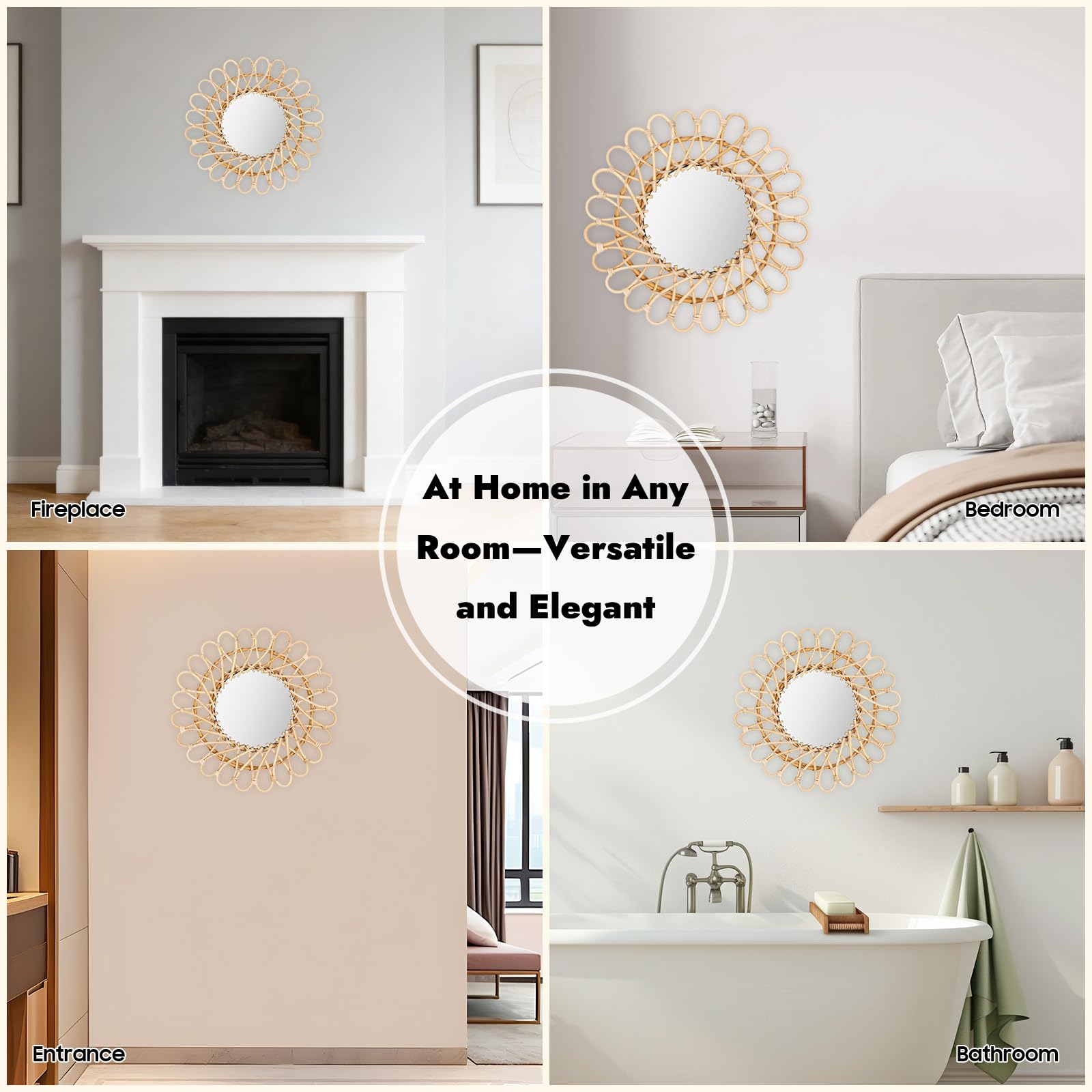 Espejo de ratán trenzado a mano, diámetro total 40 cm, redondo con espejo de 20 cm, decoración natural para salón y pasillo, espejo de pared con gancho para colgar, en color madera