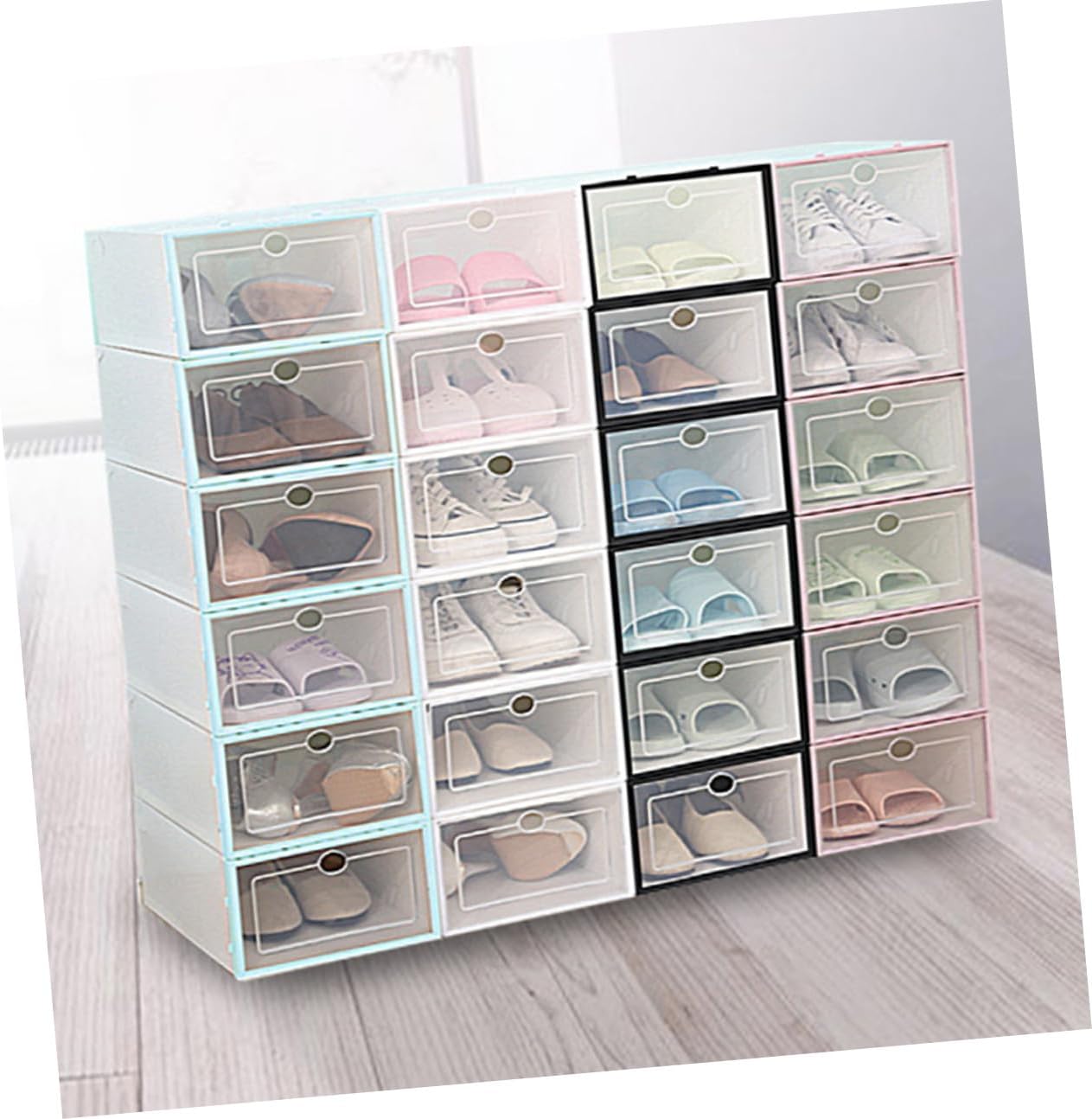 6PCS Thickened Transparent Stackable Shoe Boxes Plastic Storage Containers for Women Space-saving White Frame Organizers for Small Closets and Dorm Rooms