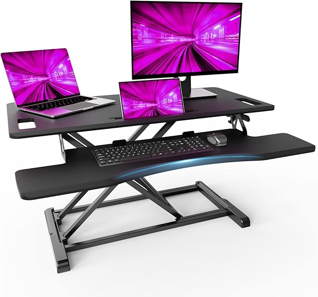 PUTORSEN 37.4 inch Standing Desk Converter, Height Adjustable Sit Stand Desk Converter, Ergonomic Adjustable Desk Riser with 37.2 inch Keyboard Tray and Tablet Slot, Black