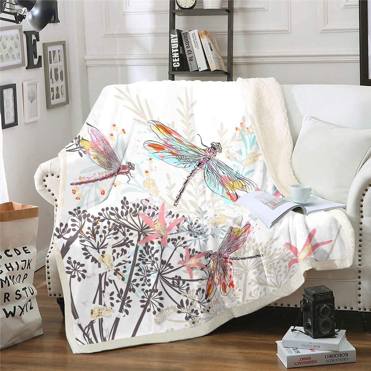 Loussies Dragonfly Fleece Throw Blanket With Ornamental Dragonfly Print - Botanical Plush Blanket With Sherpa, Fuzzy, For Women & Adults, 50x60 inches — image 1