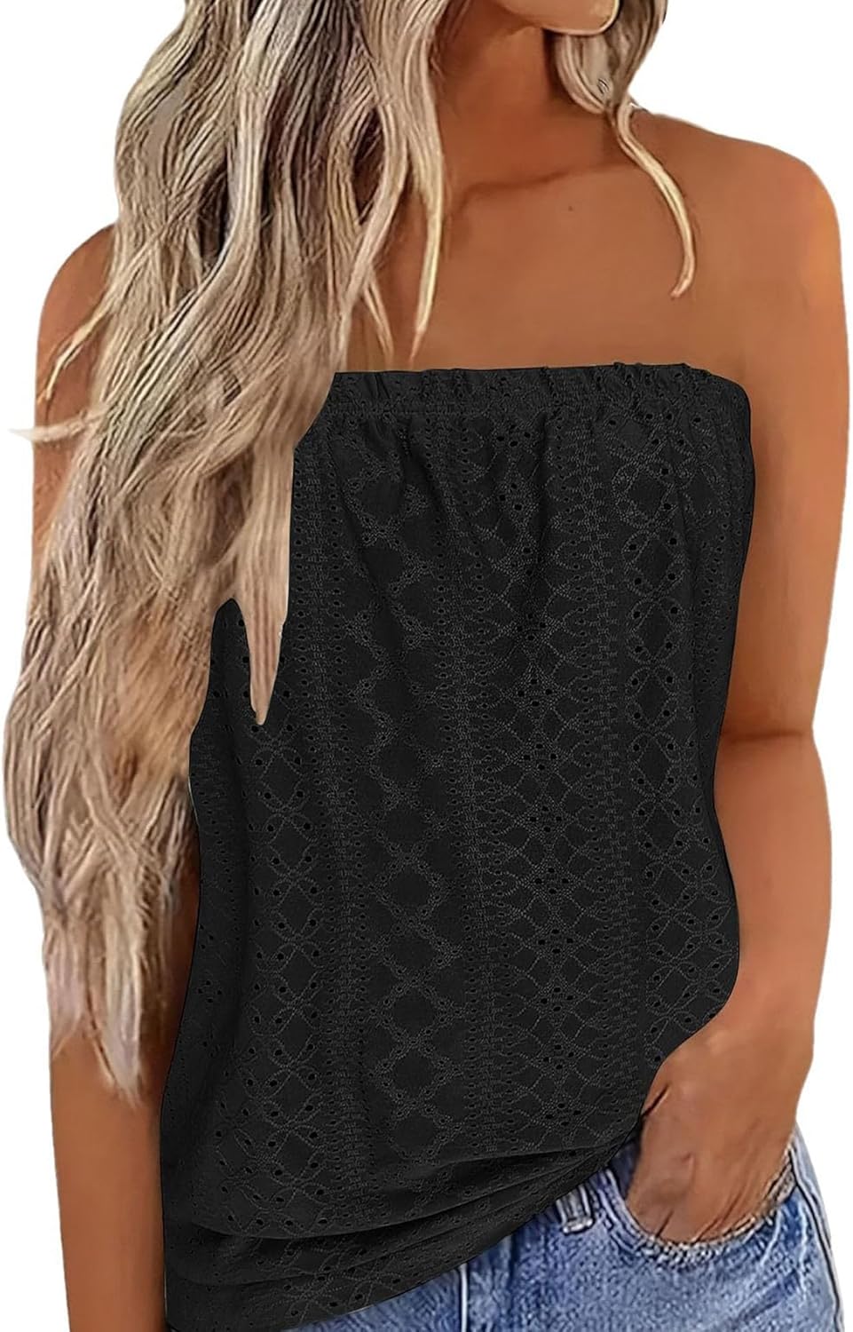 Strapless Bandeau Tank Women Strapless Eyelet Embroidery Tube Tops Women Sleeveless Backless Tube Top