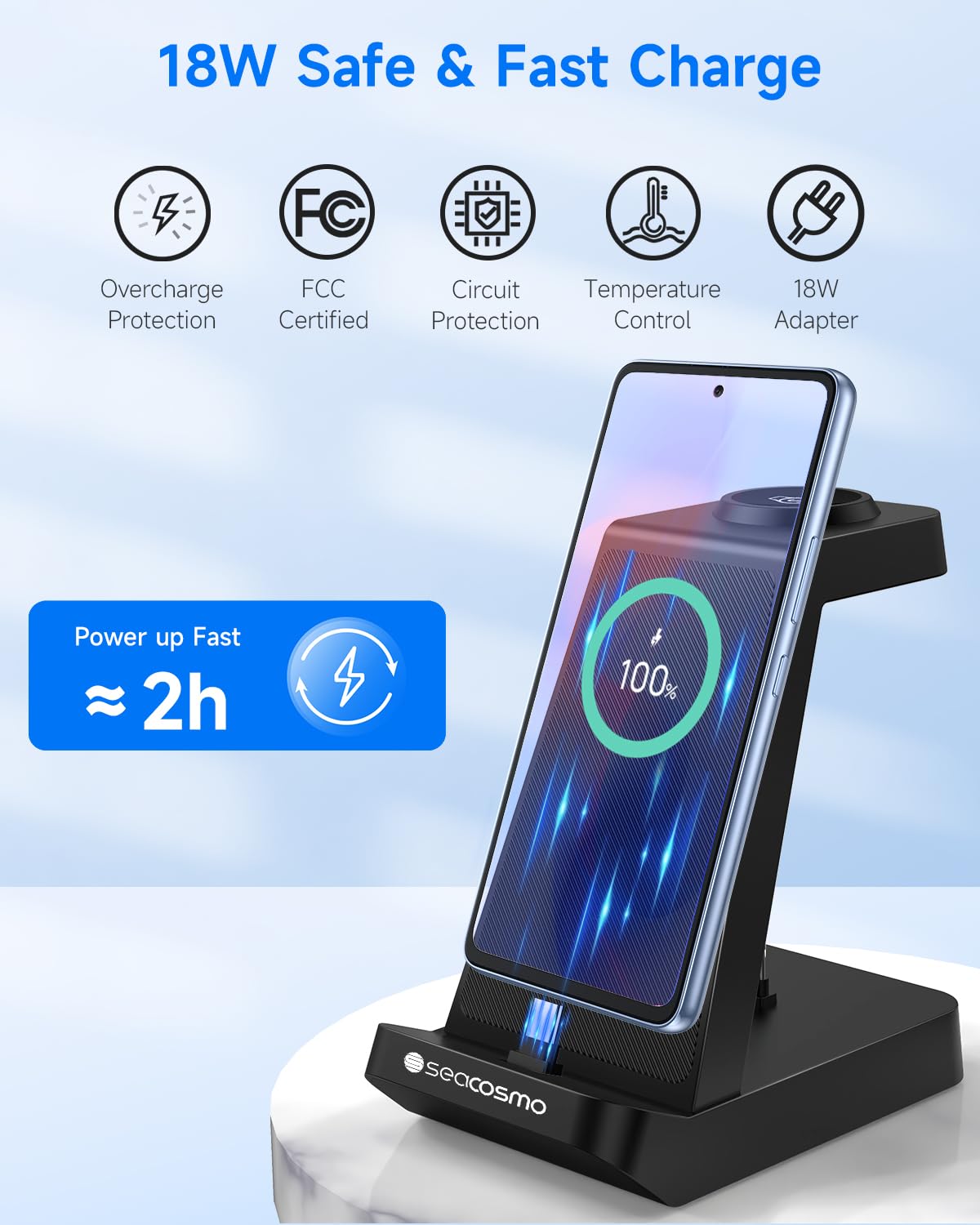 seacosmo 3 en 1 Station Recharge pour Samsung, Chargeur pour A16/A15/A05S/A25/S24 Série, Chargeur sans Fil pour Galaxy Watch 7/6/5 Pro, Support Charge pour Galaxy Buds et Appareils avec Prises Type-C