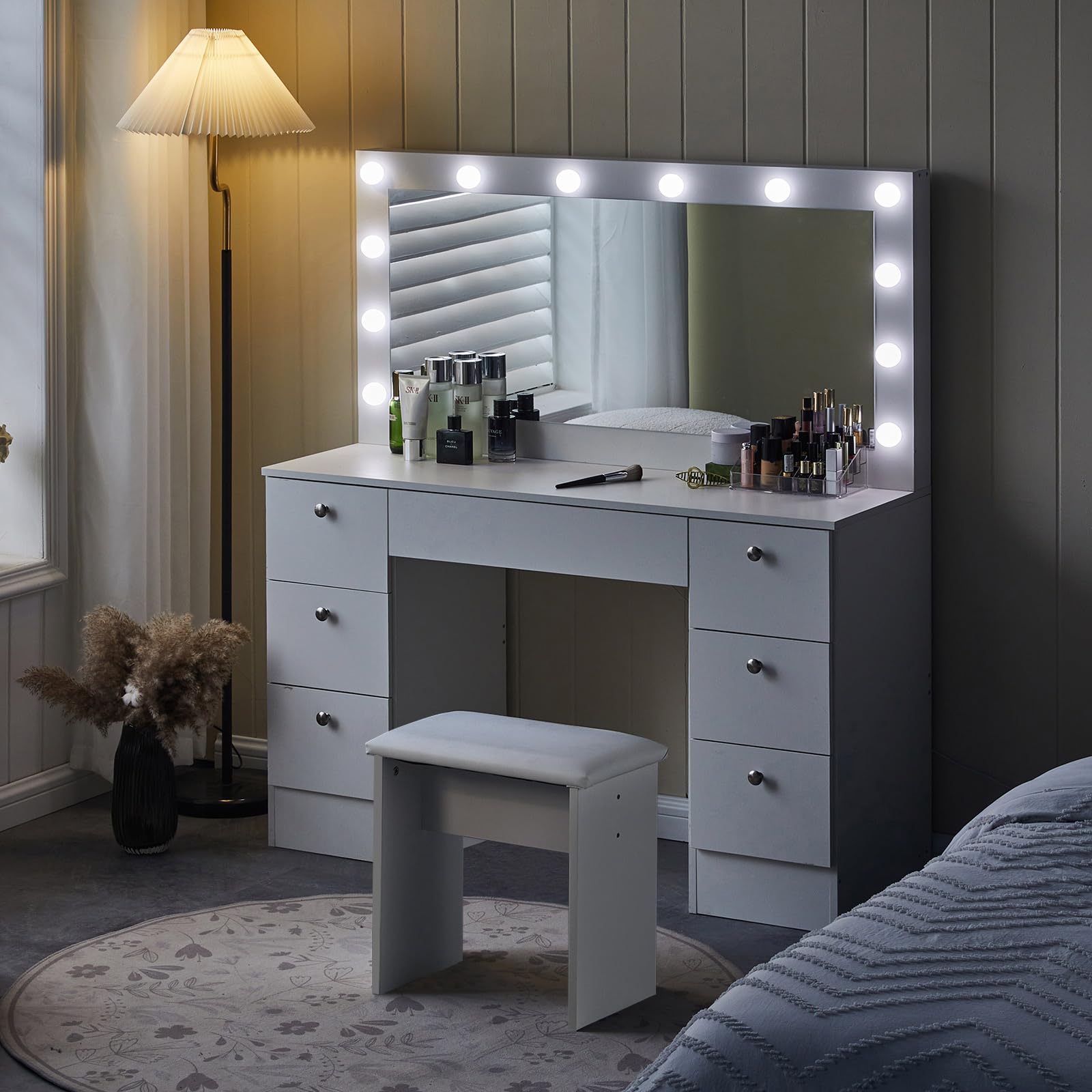 CLIPOP Tocador con espejo grande y 12 luces LED Hollywood, brillo ajustable, tocador con 7 cajones y taburete, moderno juego de mesa de maquillaje blanco, DR-0457WH