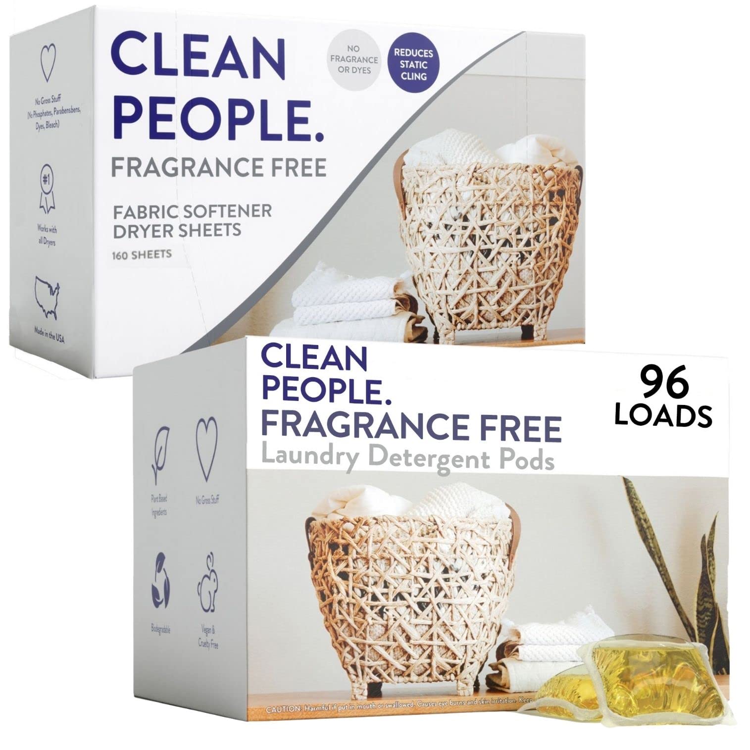 Clean People Laundry Detergent Pods Fabric Softener Sheets - Plant-Based Eco Friendly Laundry Detergent 96ct Dryer Sheets 160ct
