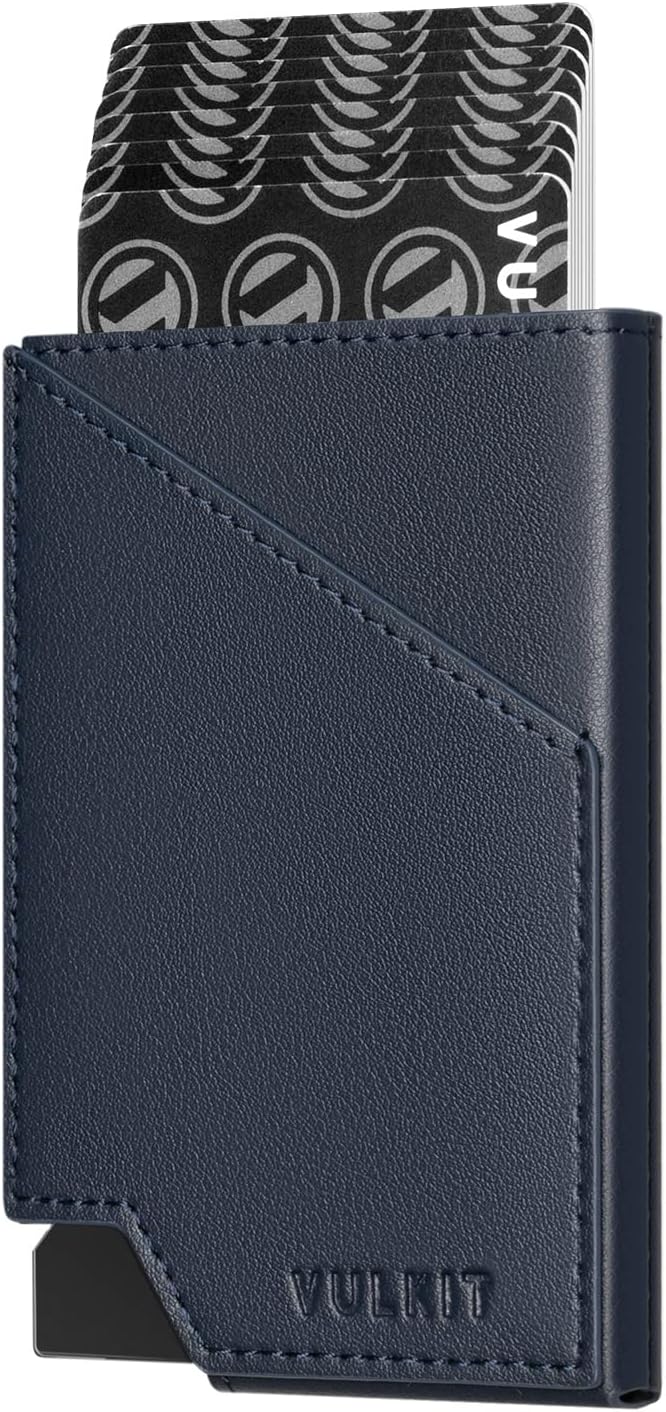 Pop up Card Wallet RFID Blocking Slim Aluminum Metal Bank Card Holder Case with Business Money Pocket for Credit Cards Notes and Coins (Navy)