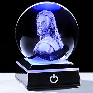 YWHL 3D Jesus Statues Crystal Ball with Colorful LED Base Religious Gifts for for Christmas, Baptism & Home First Communion & Prayer Altar Decor, Glass Christian Sacred Sphere Collectible for Catholic