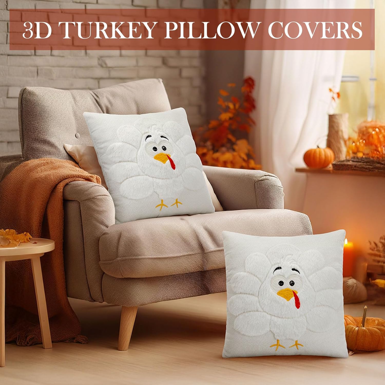 Tudomro 2 Pcs Thanksgiving Turkey Throw Pillow Cover 18x18 Inch White 3D Embroidered Soft Faux Fur Pillow Case for Thanksgiving Day Gifts for Autumn Sofa Couch Home Bedroom Farmhouse Decor